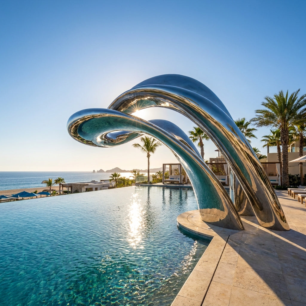 What materials work best for poolside outdoor sculptures?