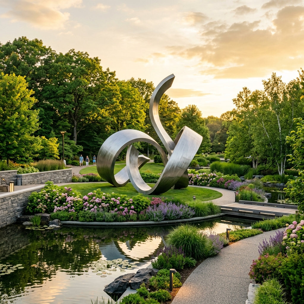 Large flowing abstract stainless steel sculpture perfectly integrated into a contemporary green park -- VELA SCULPTURE
