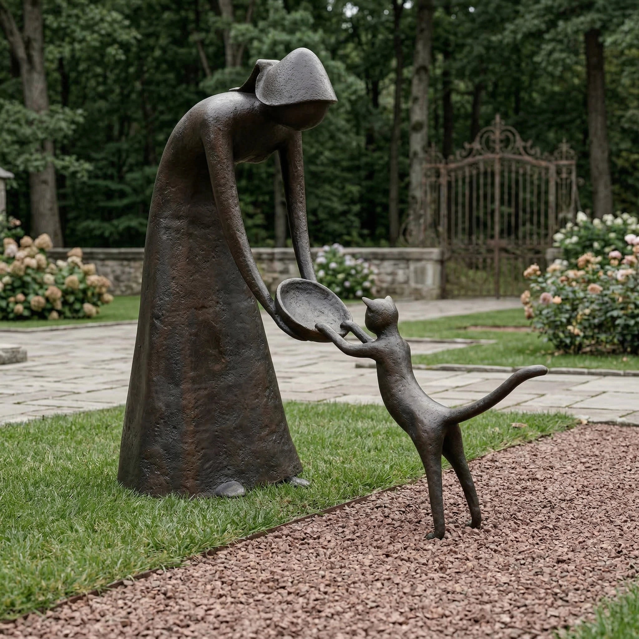 Vela-Bronze--Brass-Woman-and-Cat-Sculpture-Garden-Vignette-VSBS-7641-01