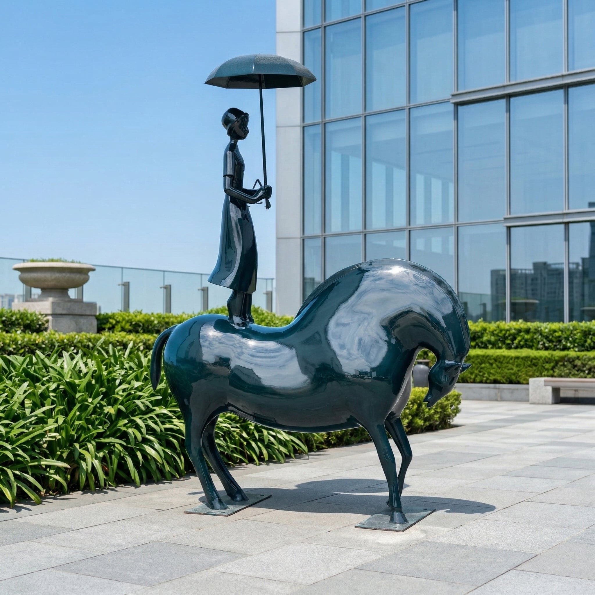 Vela-Fiberglass-Woman-on-Horse-Sculpture-Umbrella-Garden-Installation-VSFGS-826-01