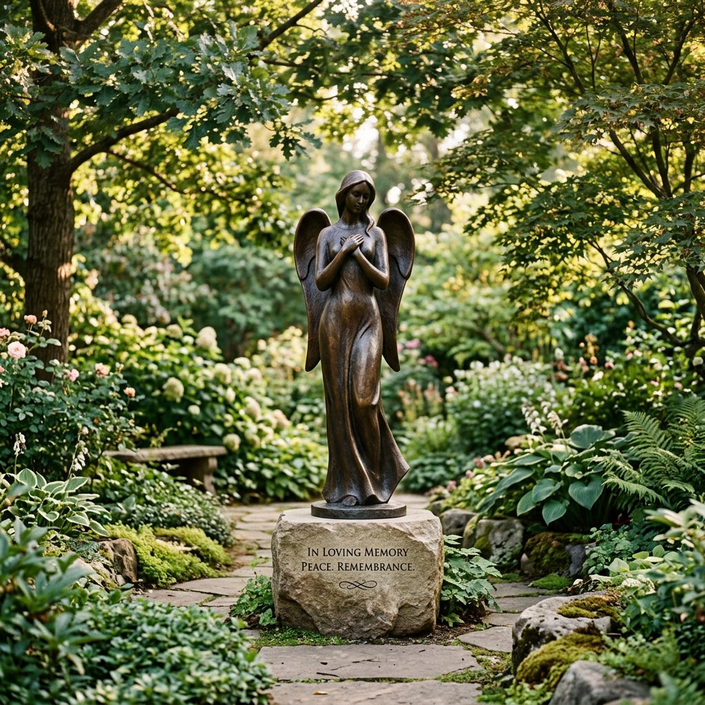 Beautifully crafted outdoor bronze memorial sculpture in a quiet lush garden -- VELA SCULPTURE