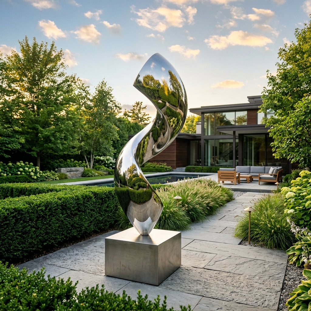 Large abstract stainless steel mirror-polished sculpture in a luxury modern garden -- VELA SCULPTURE