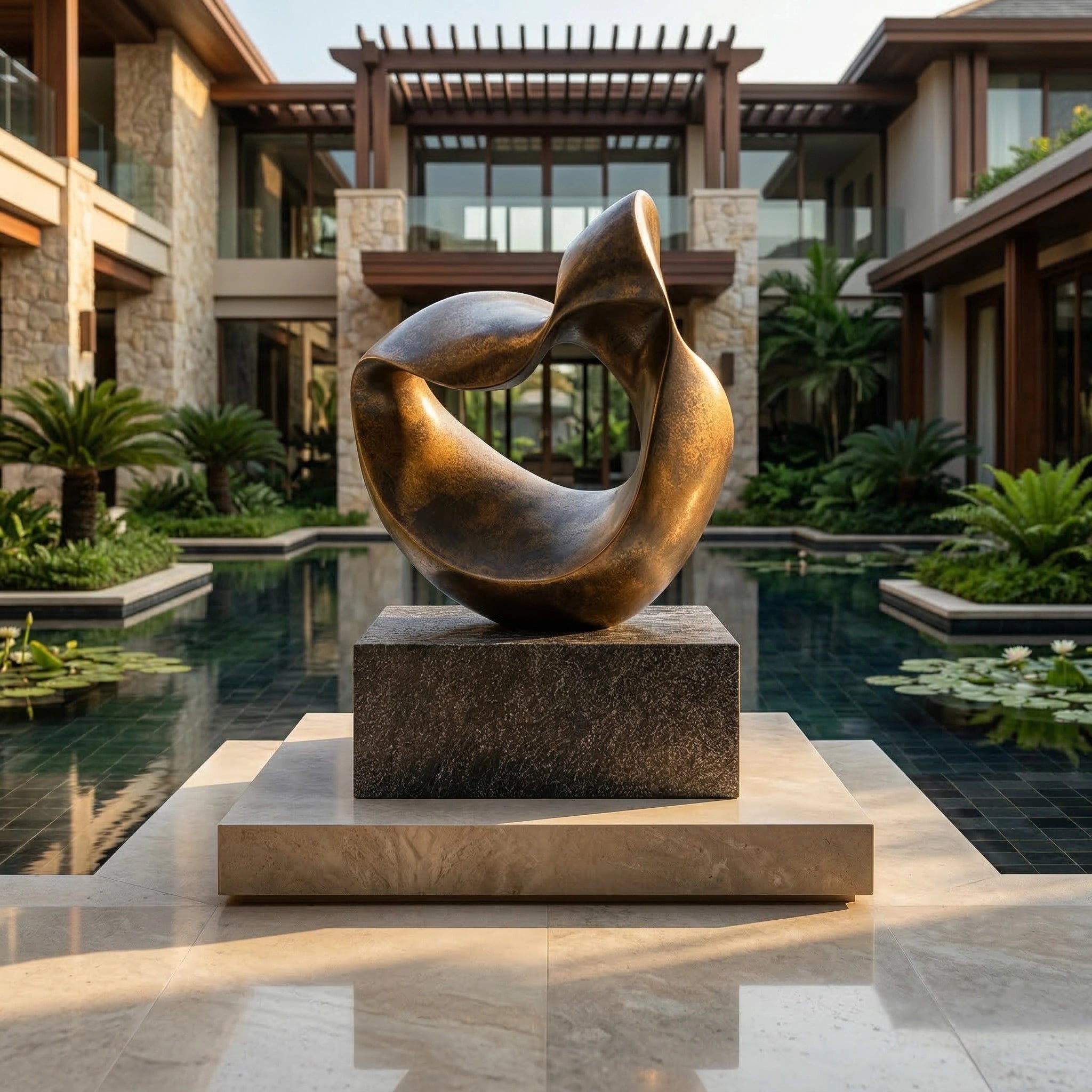 Vela-Bronze--Brass-Abstract-Loop-Sculpture-Poolside-Ribbon-Form-VSBS-6427-01