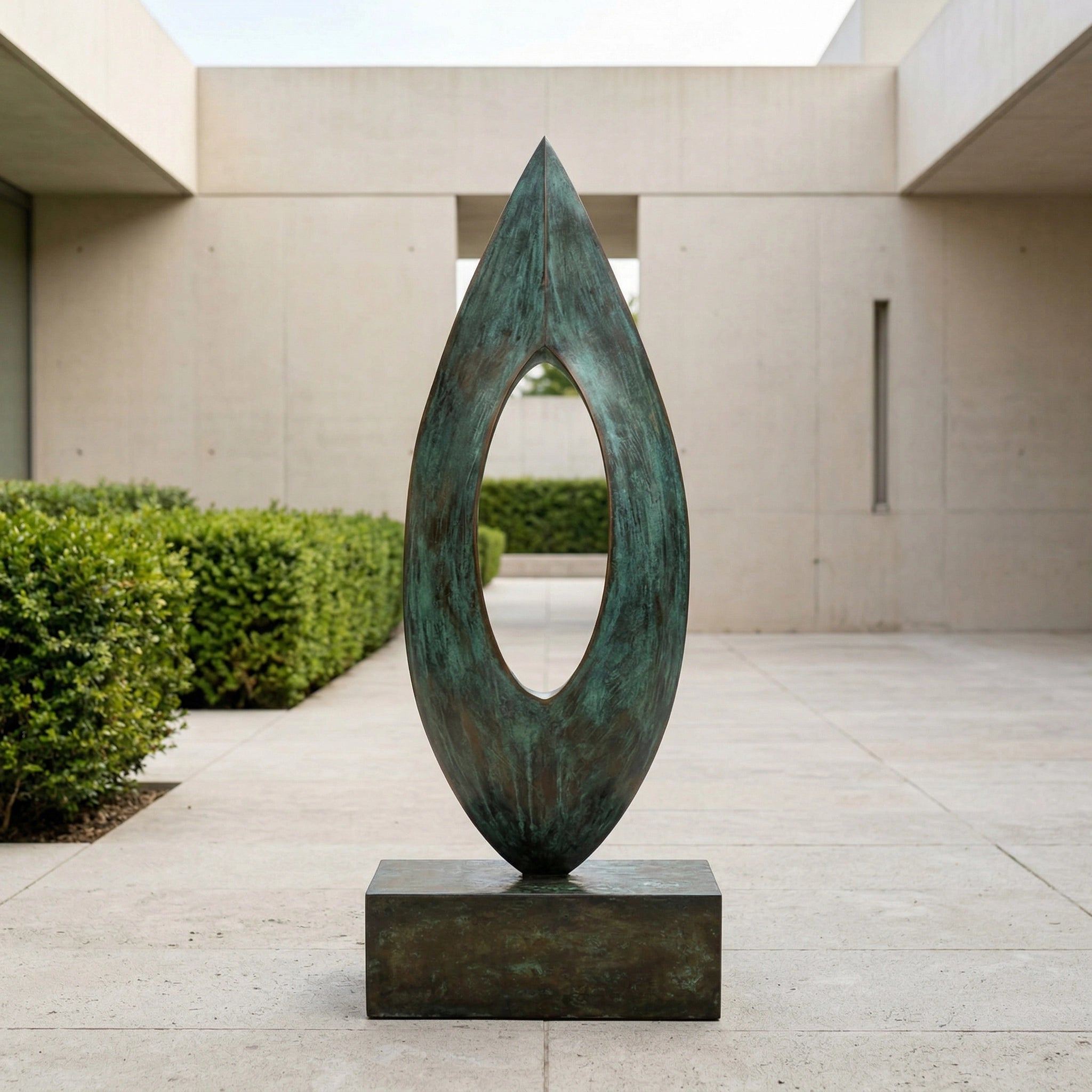 Vela-Bronze--Brass-Abstract-Teardrop-Sculpture-Oval-Void-Courtyard-Placement-VSBS-7153-01