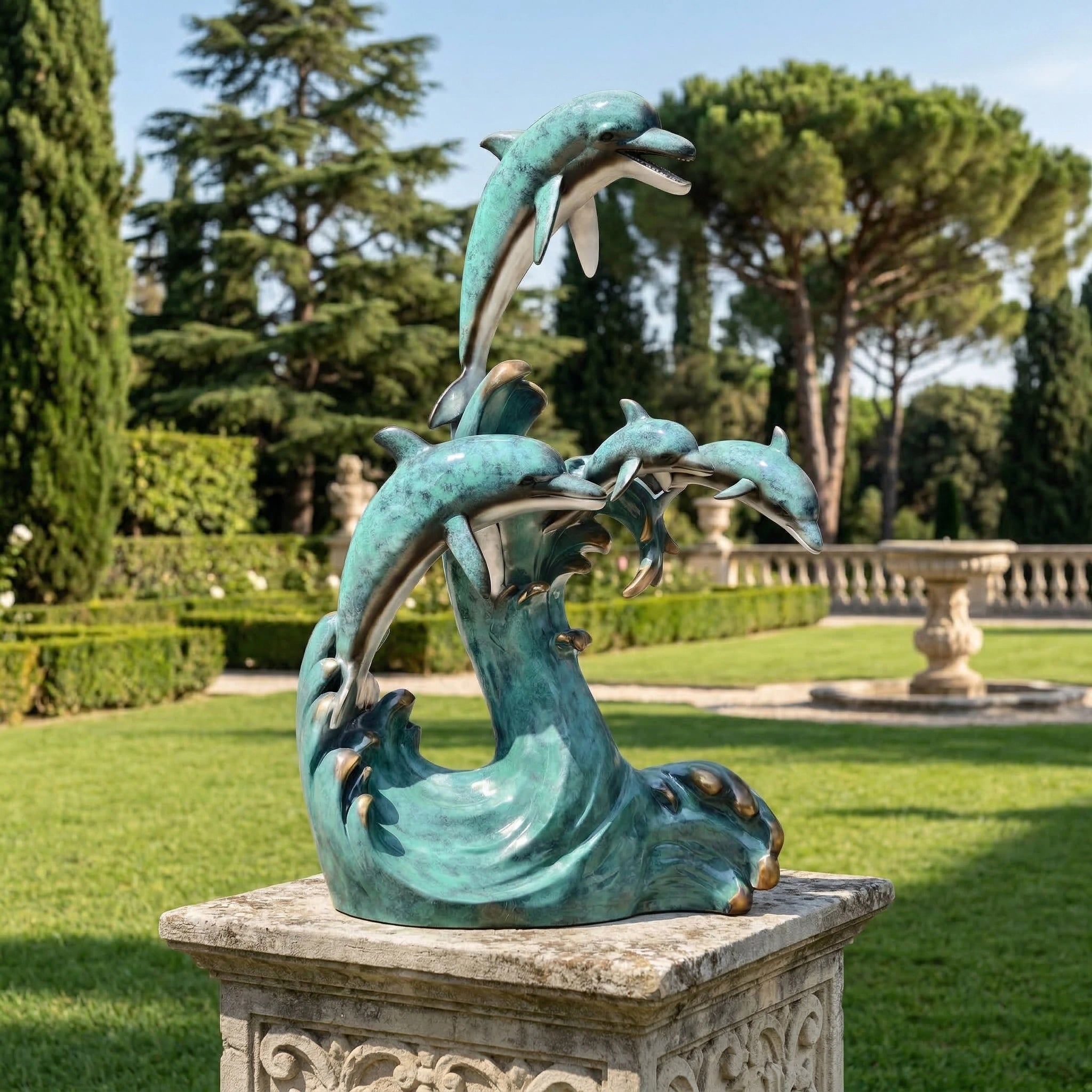 Vela-Bronze--Brass-Dolphin-Wave-Sculpture-Garden-Pedestal-VSBS-7089-01