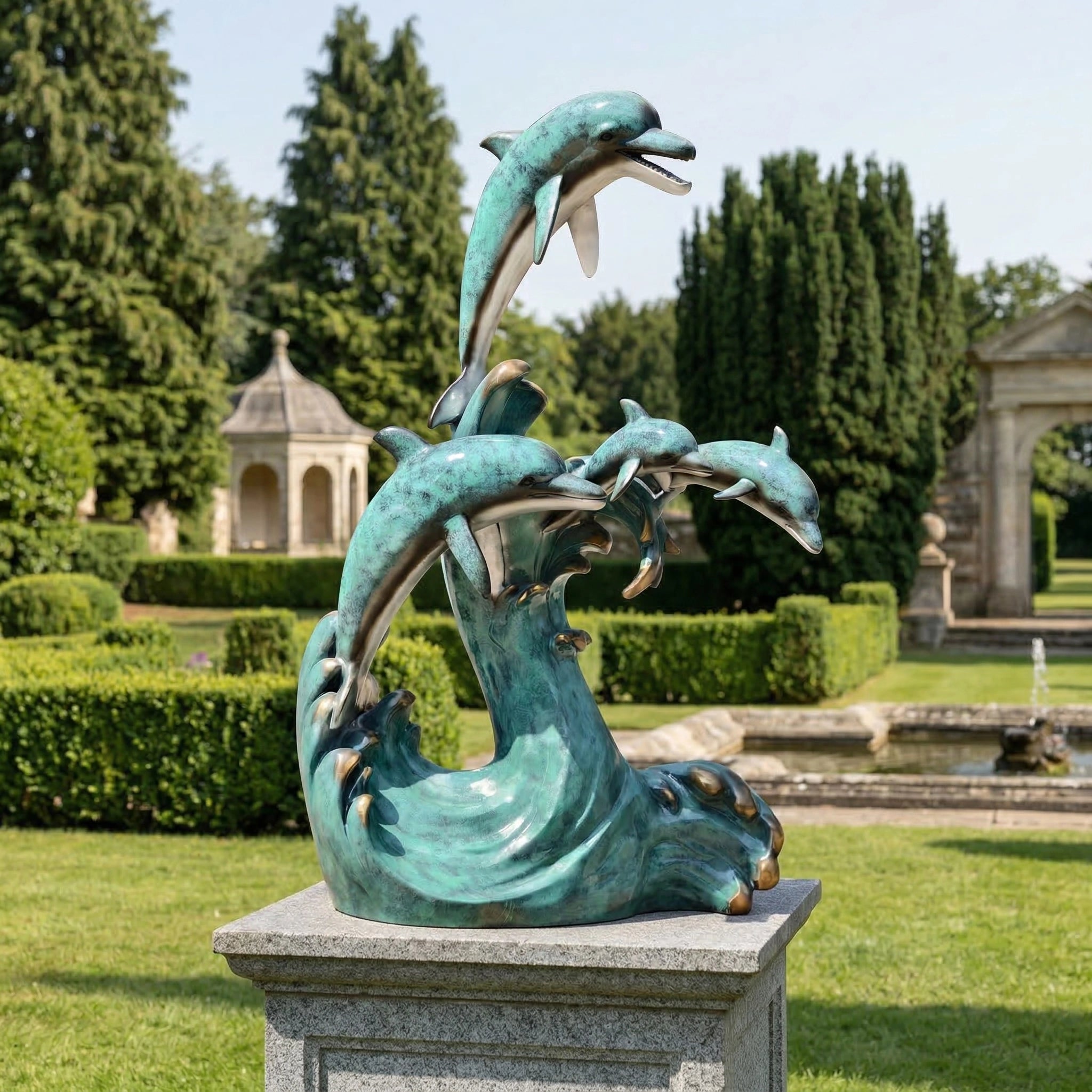 Vela-Bronze--Brass-Dolphin-Wave-Sculpture-Garden-Pedestal-VSBS-7089-02