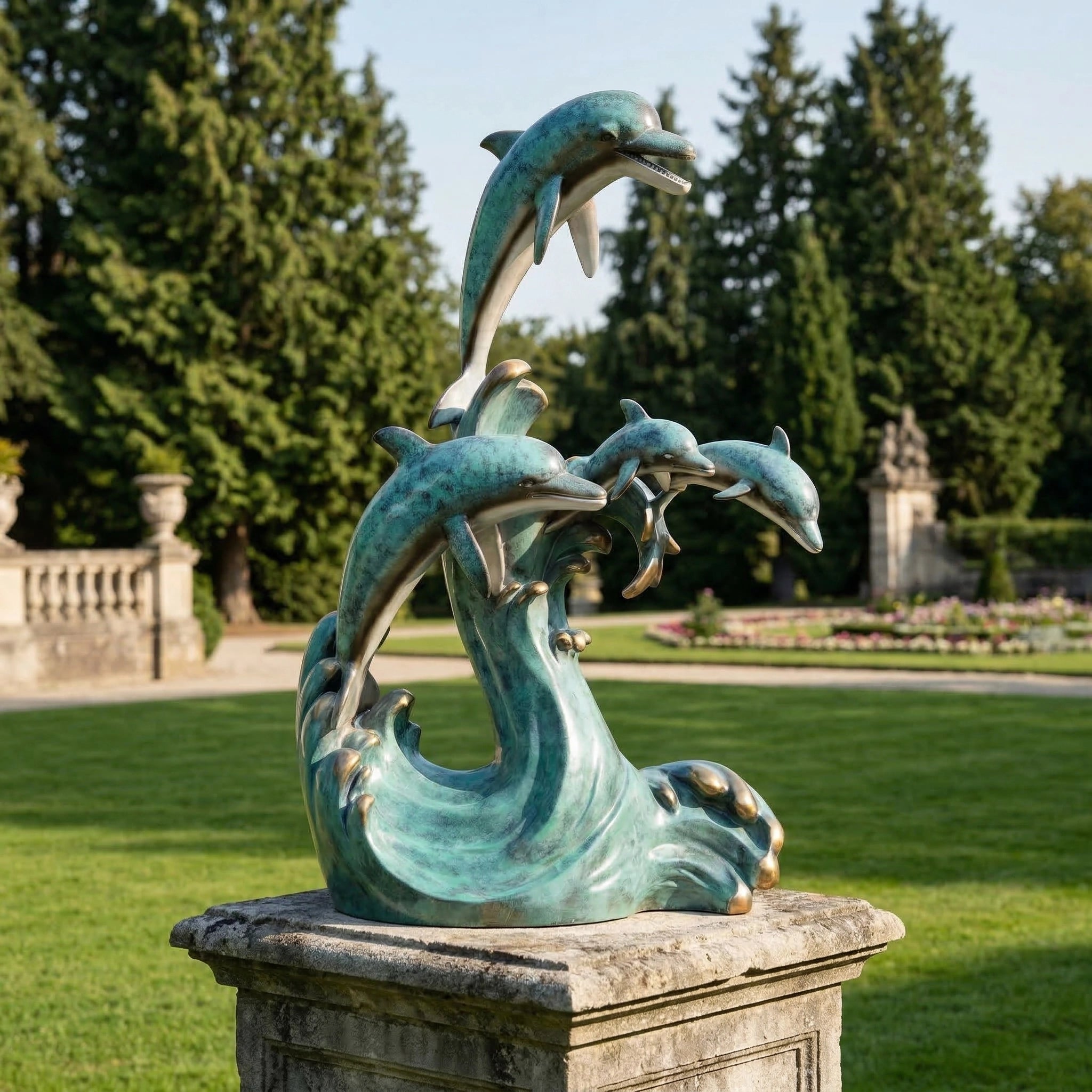 Vela-Bronze--Brass-Dolphin-Wave-Sculpture-Garden-Pedestal-VSBS-7089-03