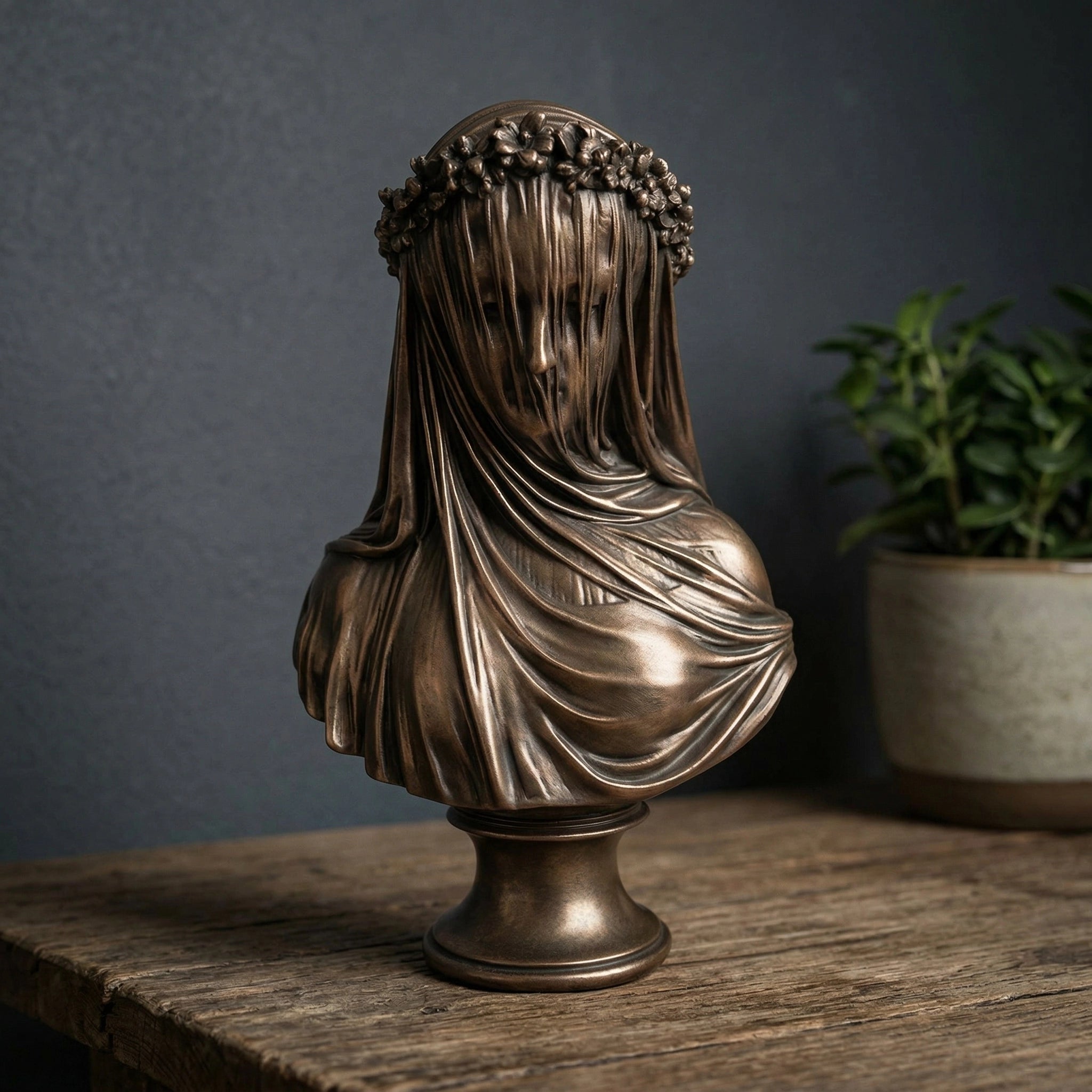 Vela-Bronze--Brass-Figurative--Human-Form-Sculpture-Veiled-Female-Bust-Floral-Garland-VSBS-6641-01