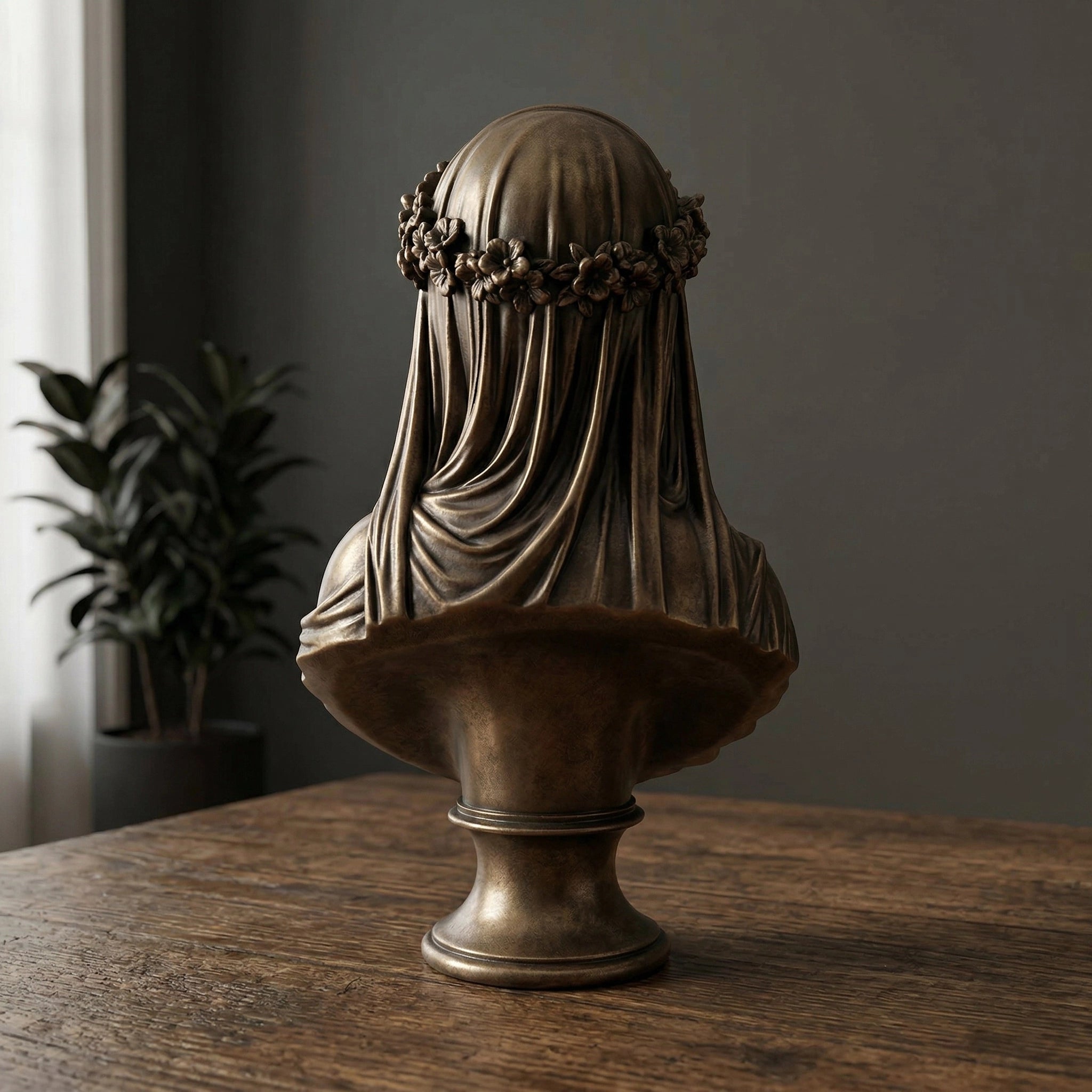 Vela-Bronze--Brass-Figurative--Human-Form-Sculpture-Veiled-Female-Bust-Floral-Garland-VSBS-6641-02