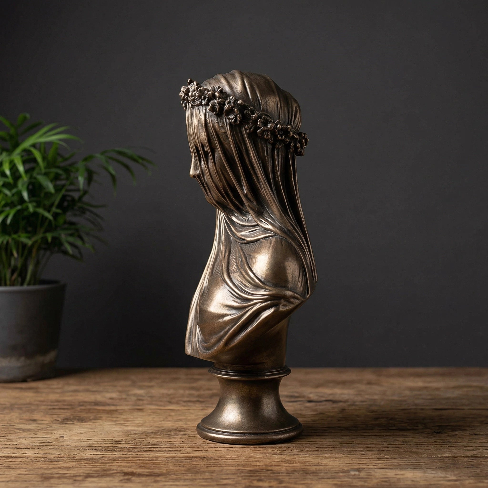 Vela-Bronze--Brass-Figurative--Human-Form-Sculpture-Veiled-Female-Bust-Floral-Garland-VSBS-6641-04