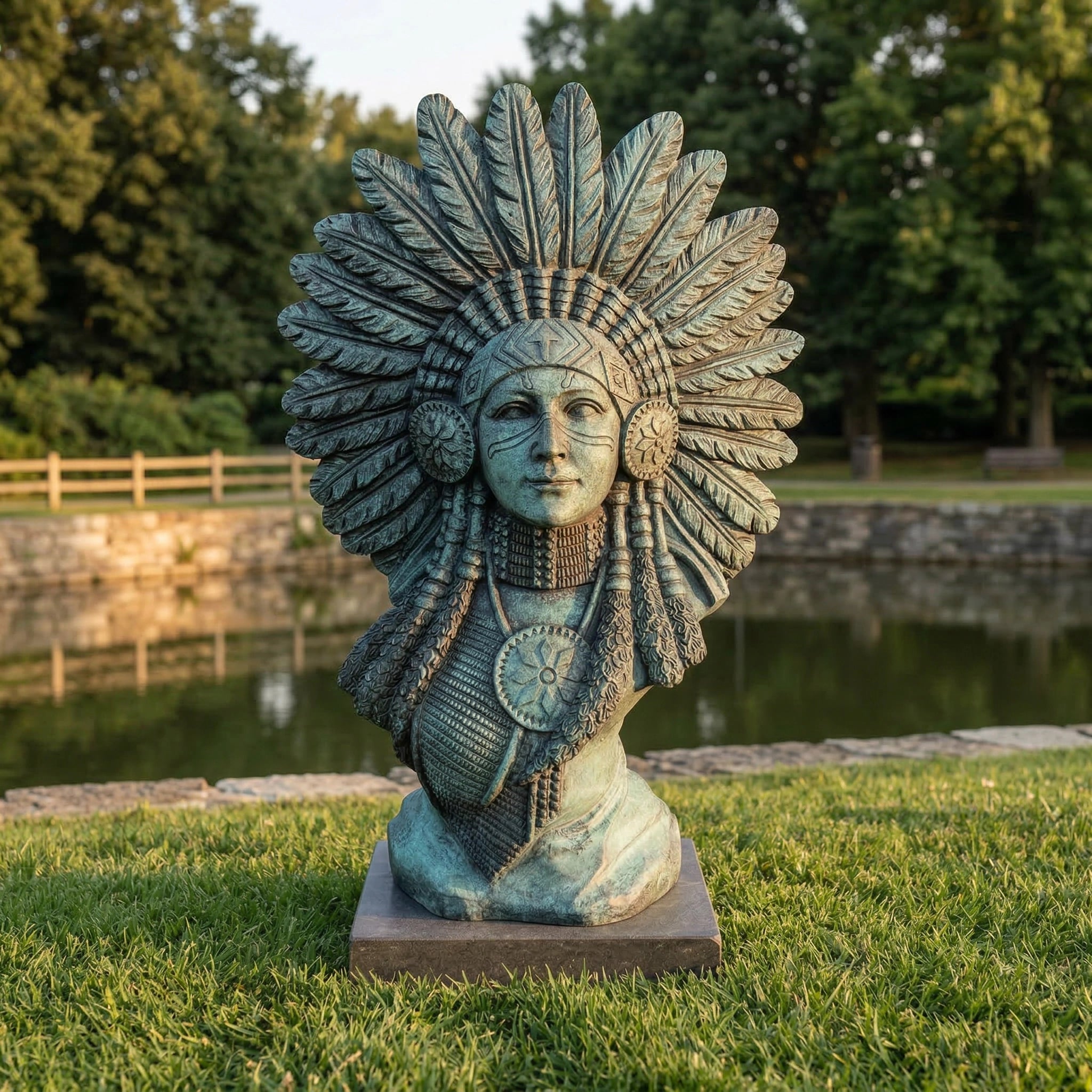 Vela-Bronze--Brass-Figurative-Female-Bust-Sculpture-Feathered-Garden-Pedestal-VSBS-7439-01