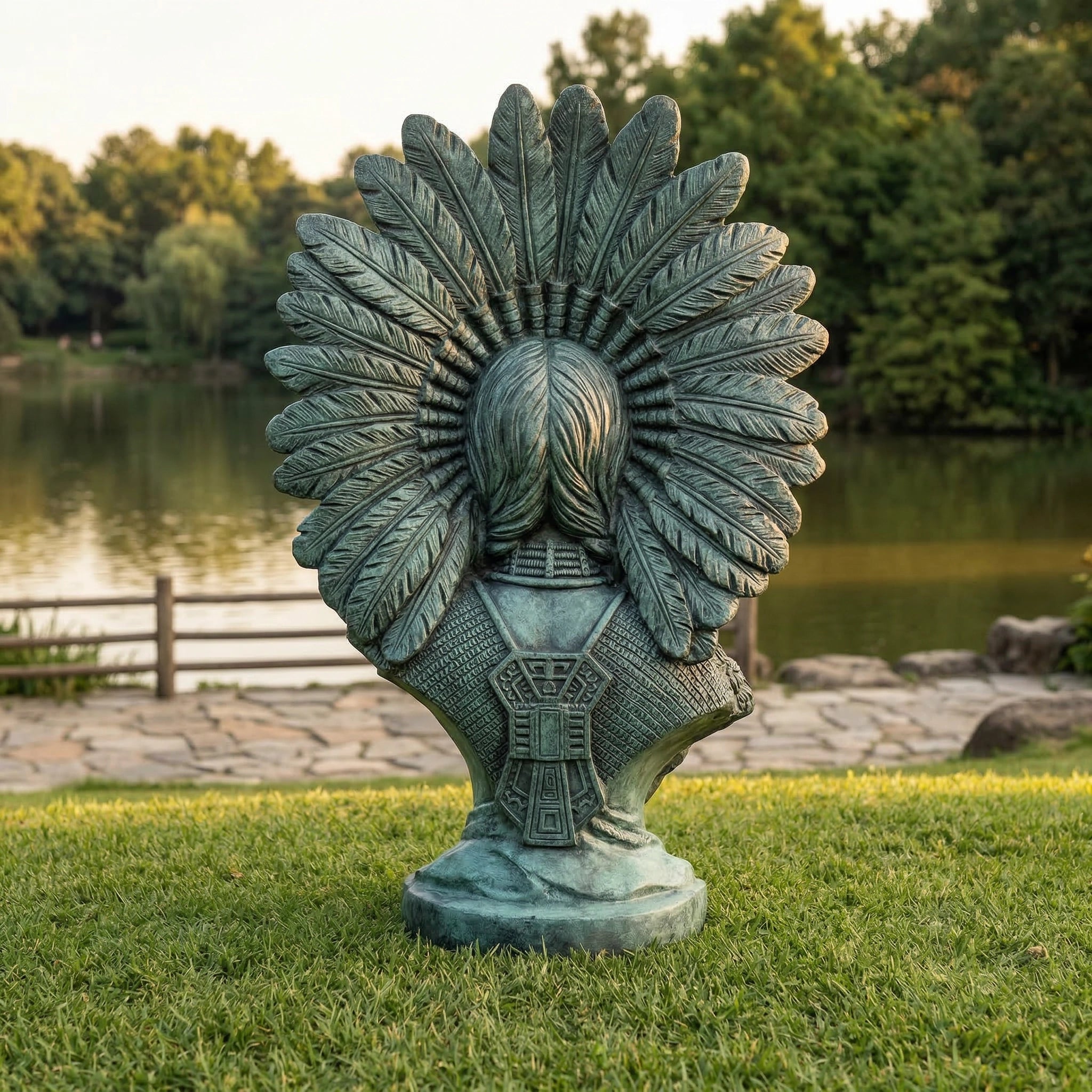 Vela-Bronze--Brass-Figurative-Female-Bust-Sculpture-Feathered-Garden-Pedestal-VSBS-7439-02