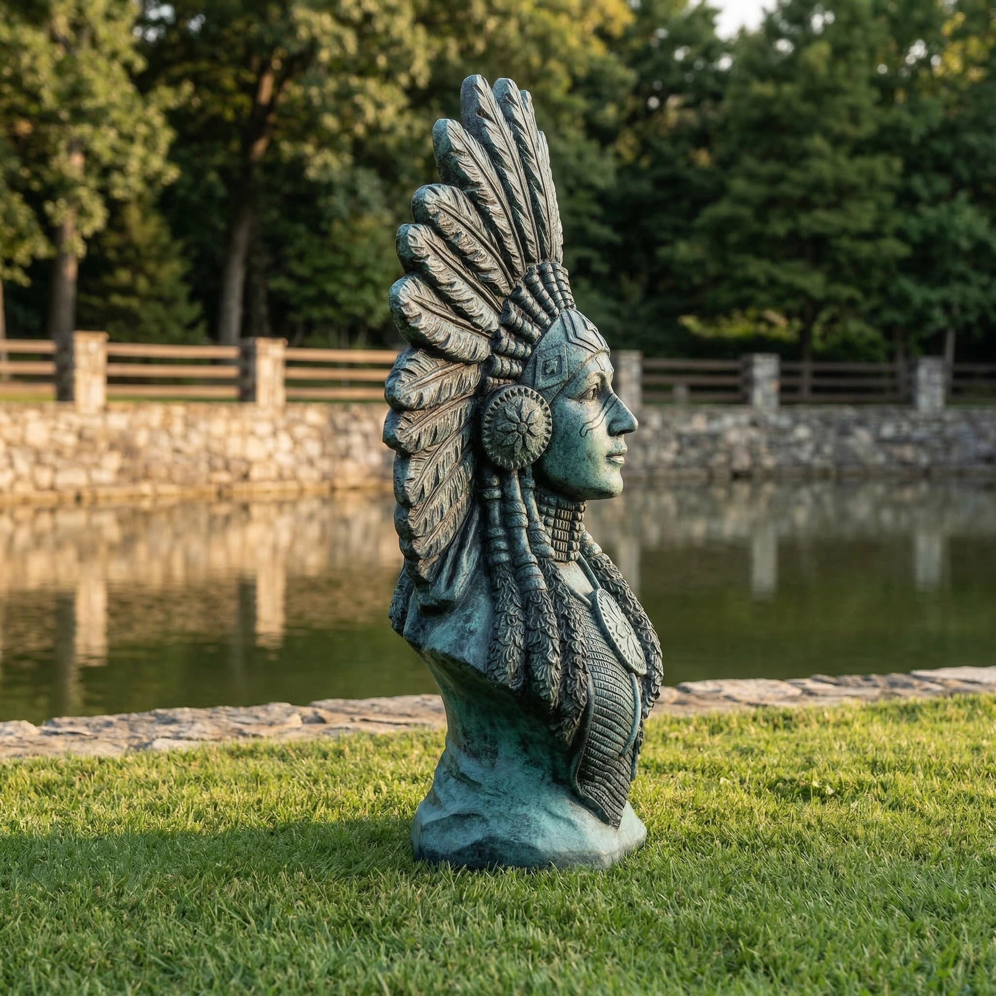 Vela-Bronze--Brass-Figurative-Female-Bust-Sculpture-Feathered-Garden-Pedestal-VSBS-7439-03