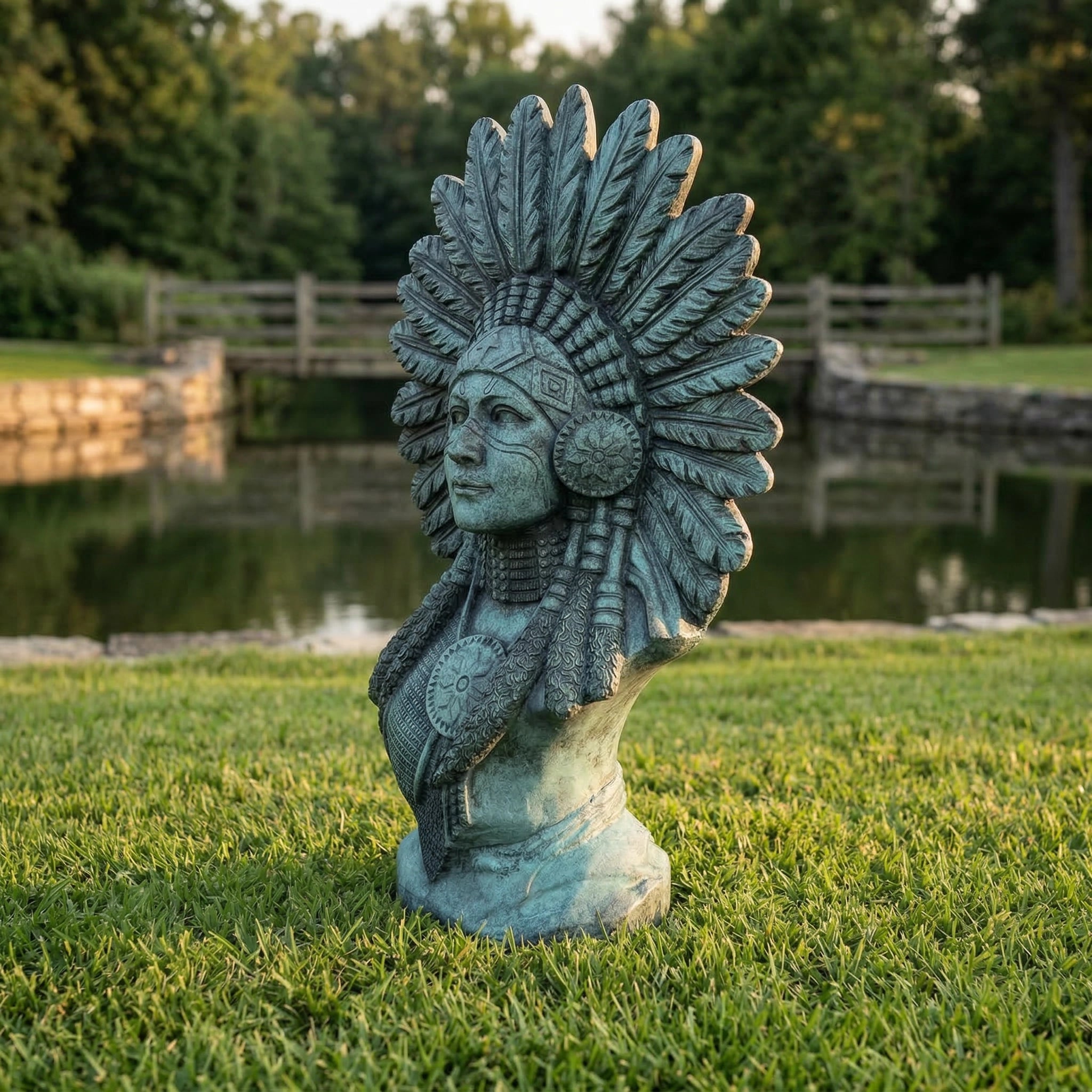 Vela-Bronze--Brass-Figurative-Female-Bust-Sculpture-Feathered-Garden-Pedestal-VSBS-7439-04