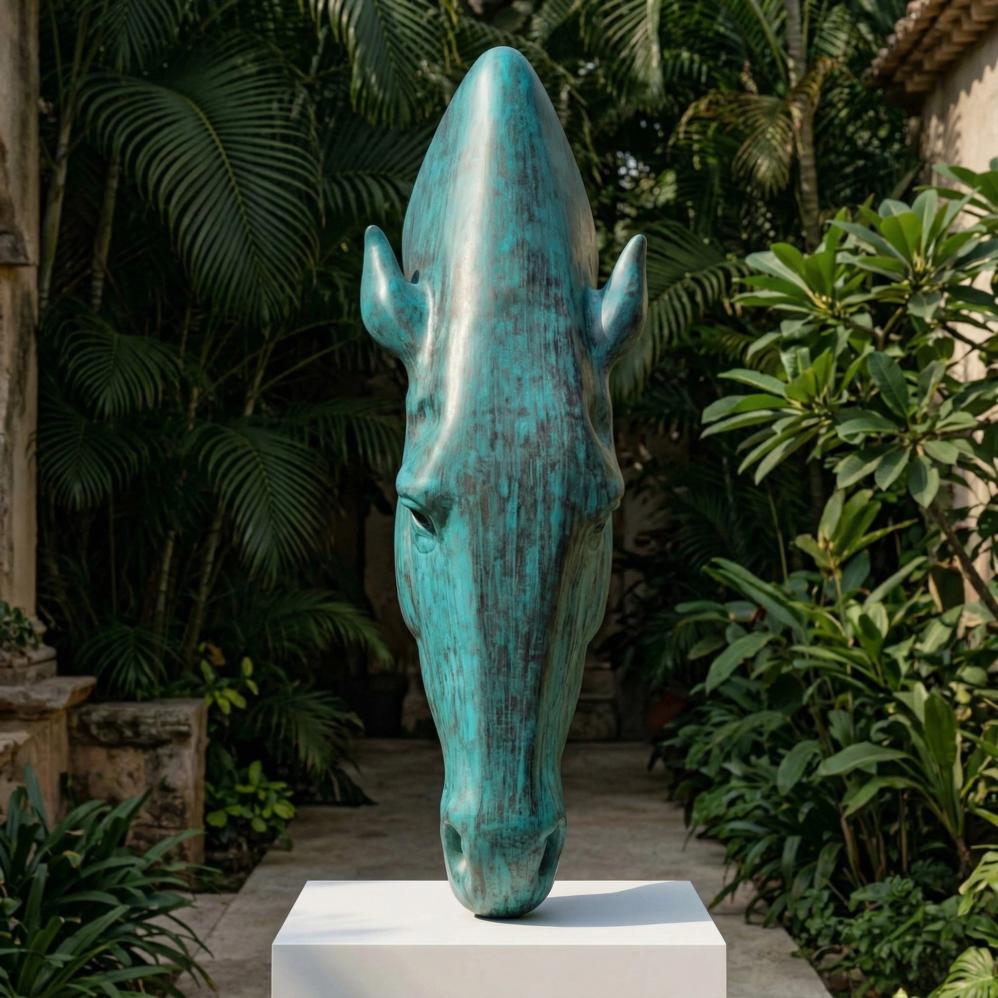 Vela-Bronze--Brass-Horse-Head-Sculpture-Totemic-Garden-Pedestal-VSBS-4385-01