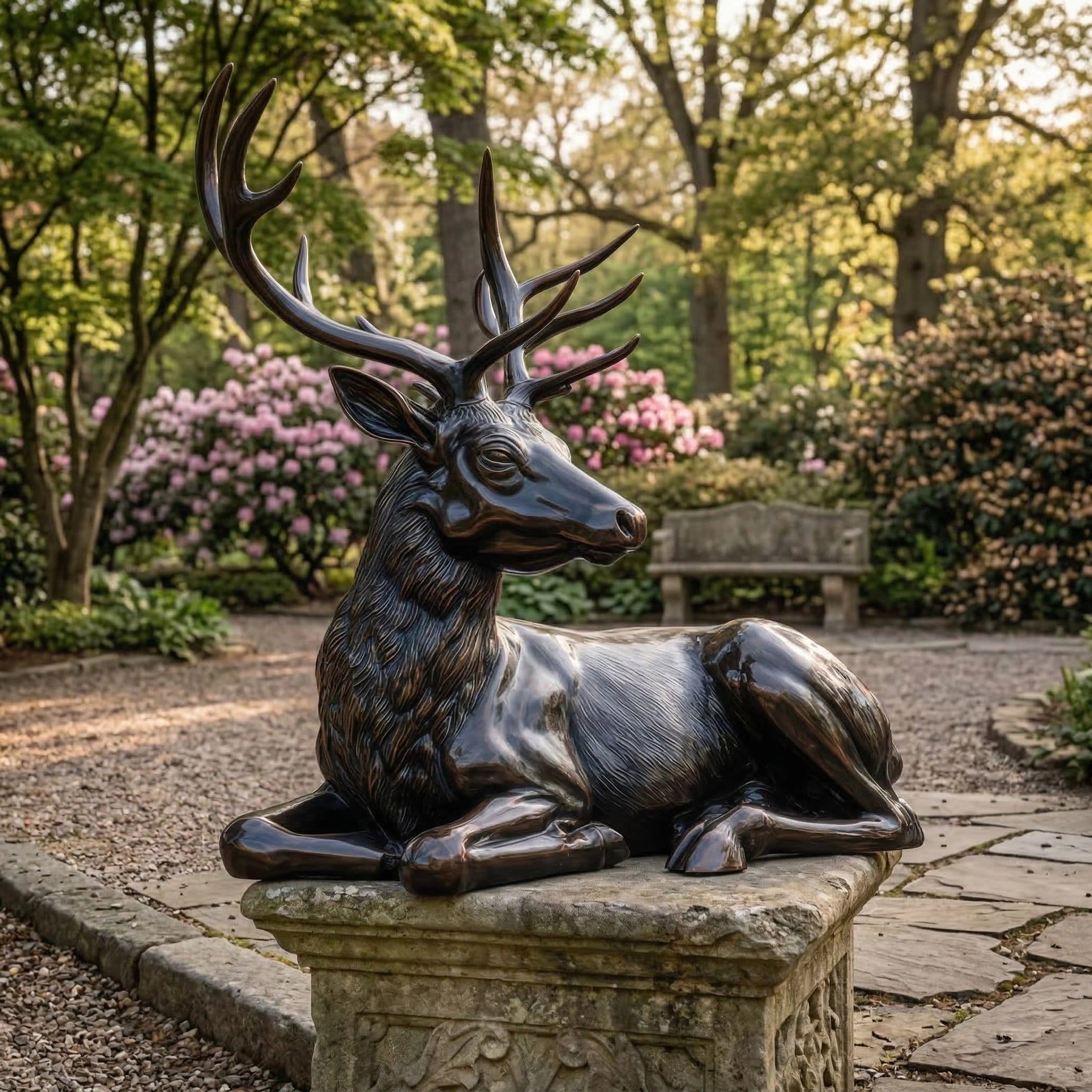 Vela-Bronze--Brass-Reclining-Stag-Sculpture-Pedestal-Garden-Display-VSBS-731-01