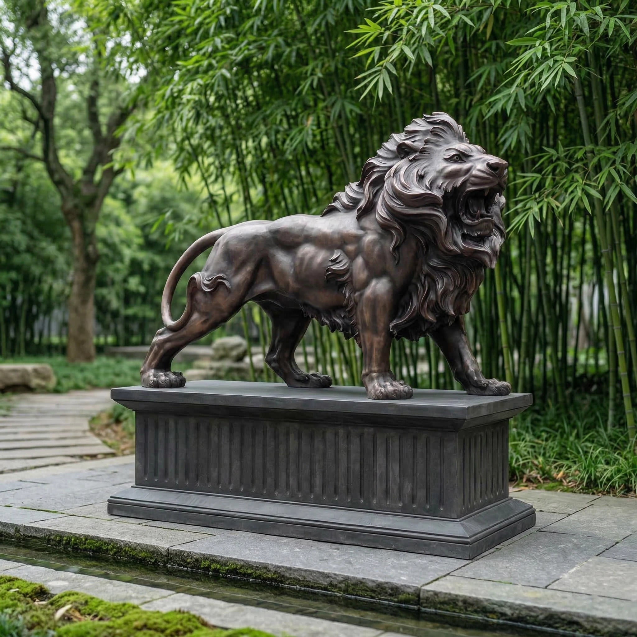 Vela-Bronze--Brass-Roaring-Lion-Sculpture-on-Plinth-VSBS-7583-01