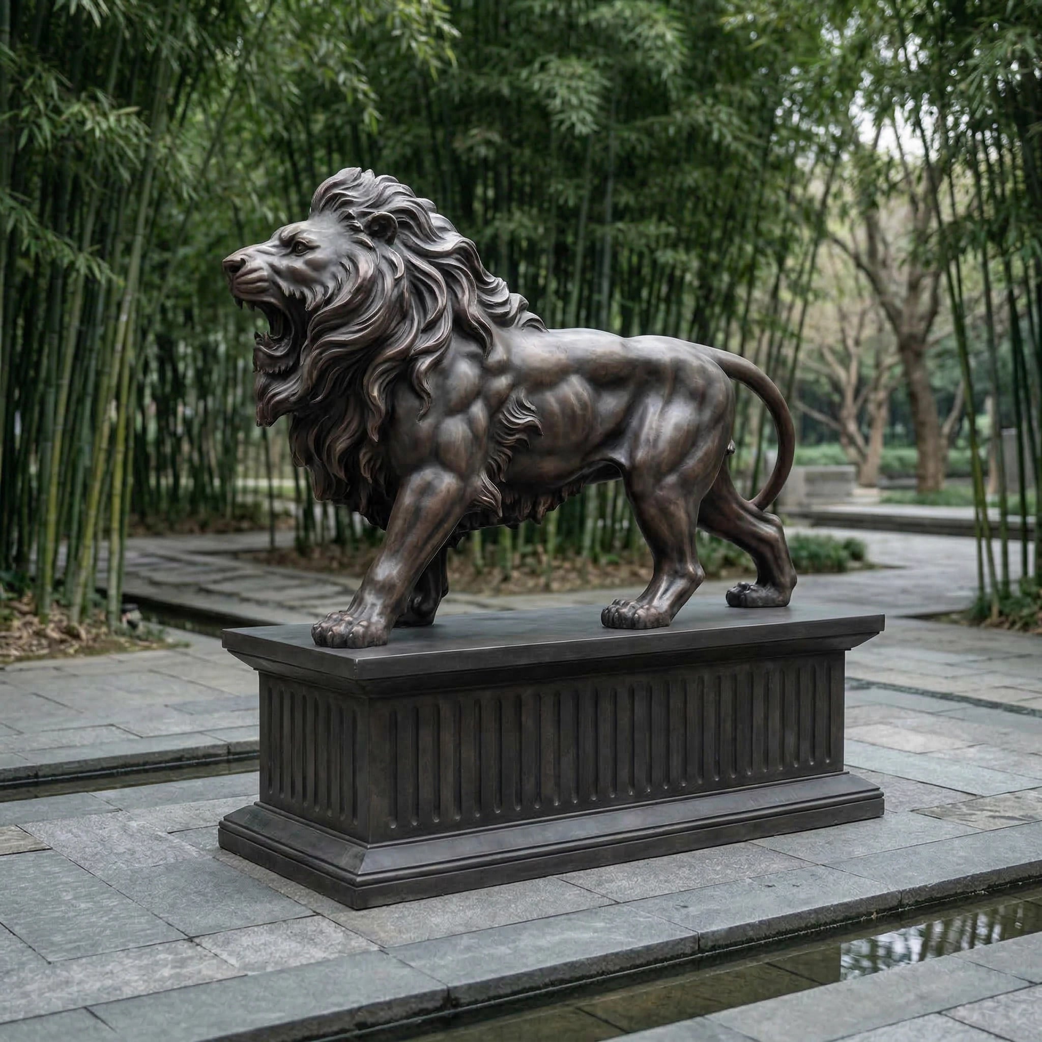 Vela-Bronze--Brass-Roaring-Lion-Sculpture-on-Plinth-VSBS-7583-03