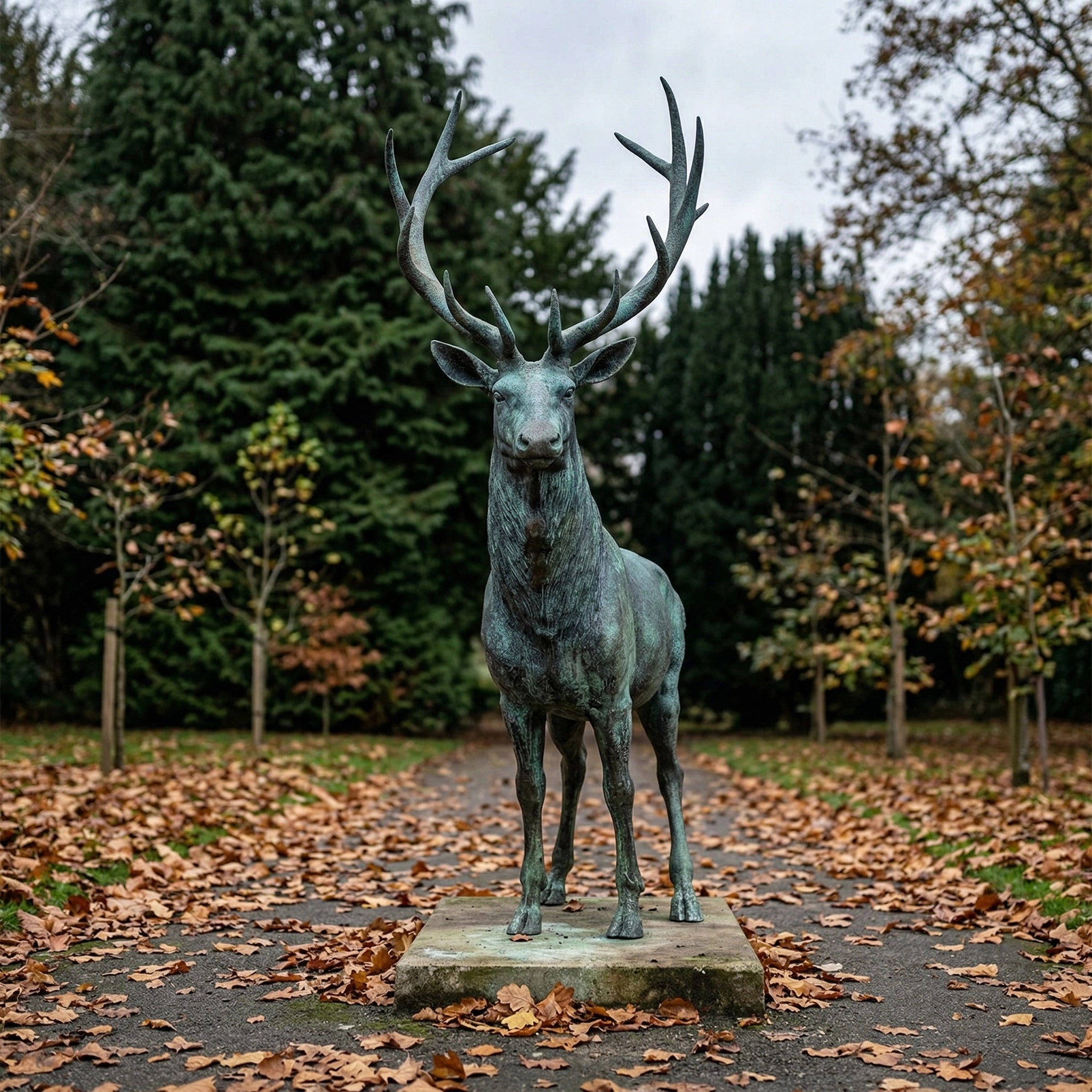 Vela-Bronze--Brass-Stag-Sculpture-Garden-Plinth-VSBS-6932-01