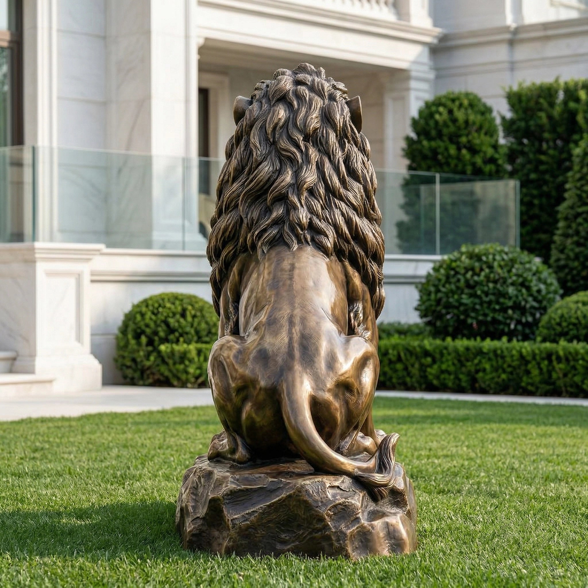 Vela-Bronze--Brass-Wildlife-Sculpture-Seated-Lion-Rear-View-VSBS-7393-01