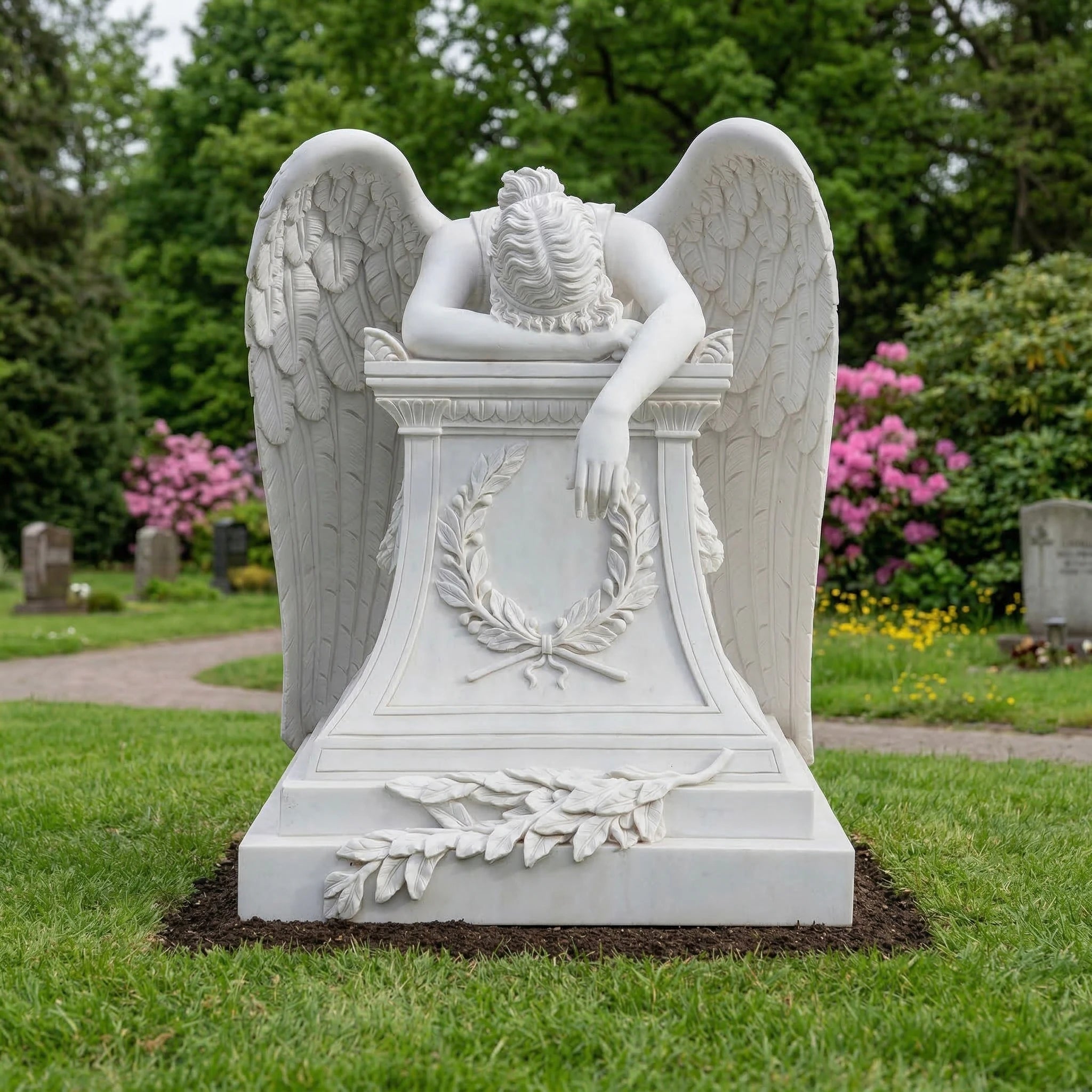 Vela-Natural-Marble-Angel-Funerary-Sculpture-Bowed-Over-Pedestal-VSMS-4073-01