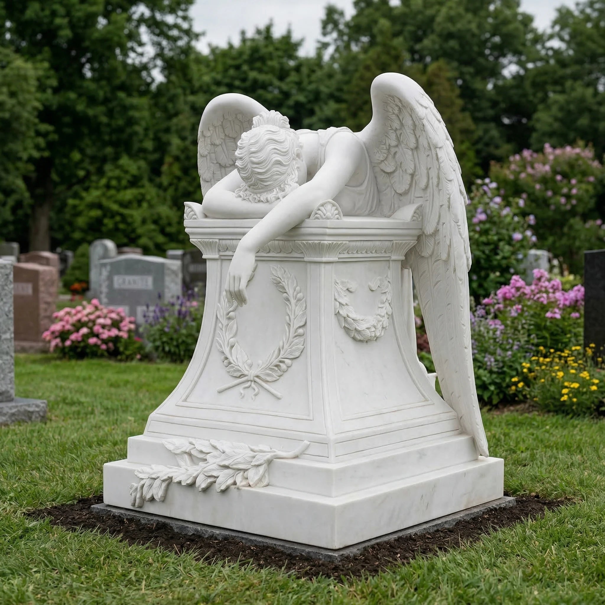 Vela-Natural-Marble-Angel-Funerary-Sculpture-Bowed-Over-Pedestal-VSMS-4073-03
