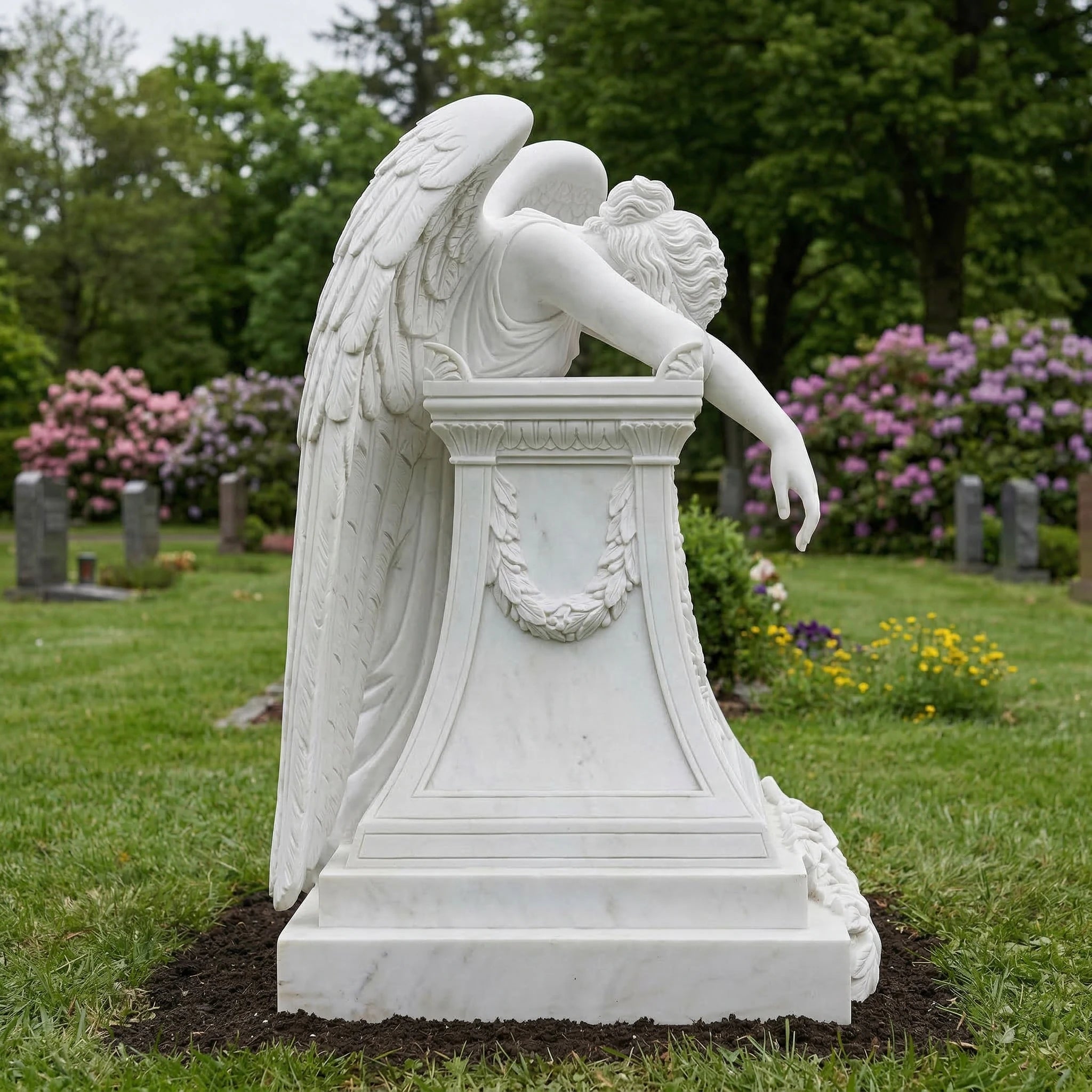 Vela-Natural-Marble-Angel-Funerary-Sculpture-Bowed-Over-Pedestal-VSMS-4073-04