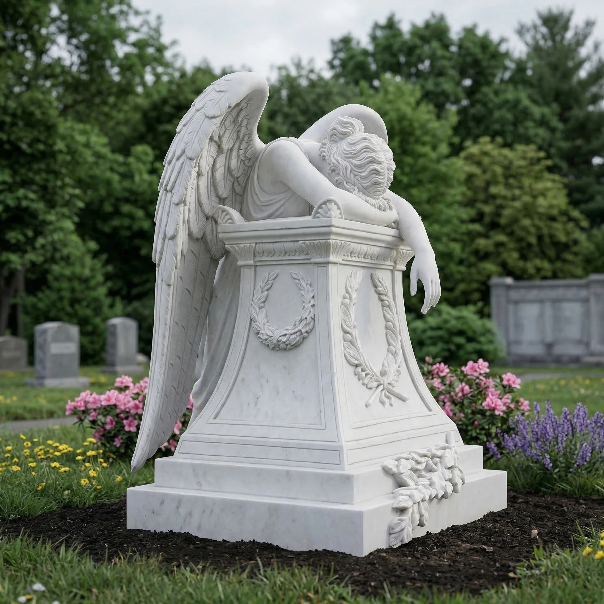 Vela-Natural-Marble-Angel-Funerary-Sculpture-Bowed-Over-Pedestal-VSMS-4073-05