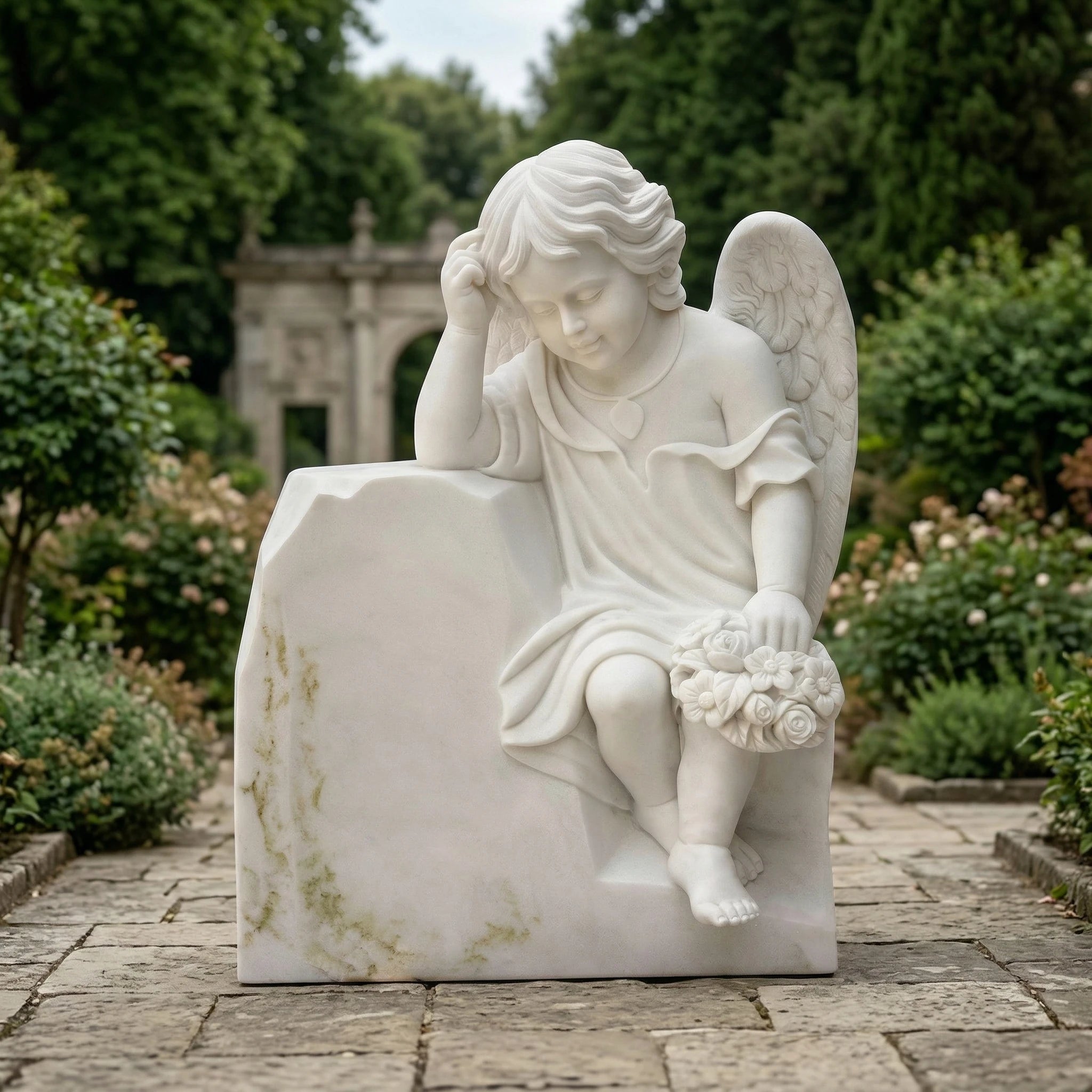 Vela-Natural-Marble-Angel-Sculpture-Garden-Contemplative-Seated-Figure-VSMS-764-01