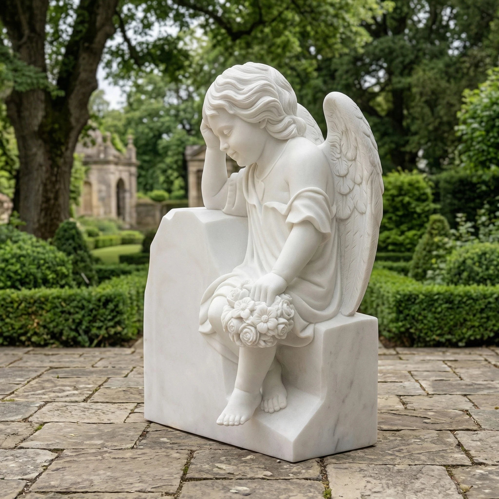 Vela-Natural-Marble-Angel-Sculpture-Garden-Contemplative-Seated-Figure-VSMS-764-03