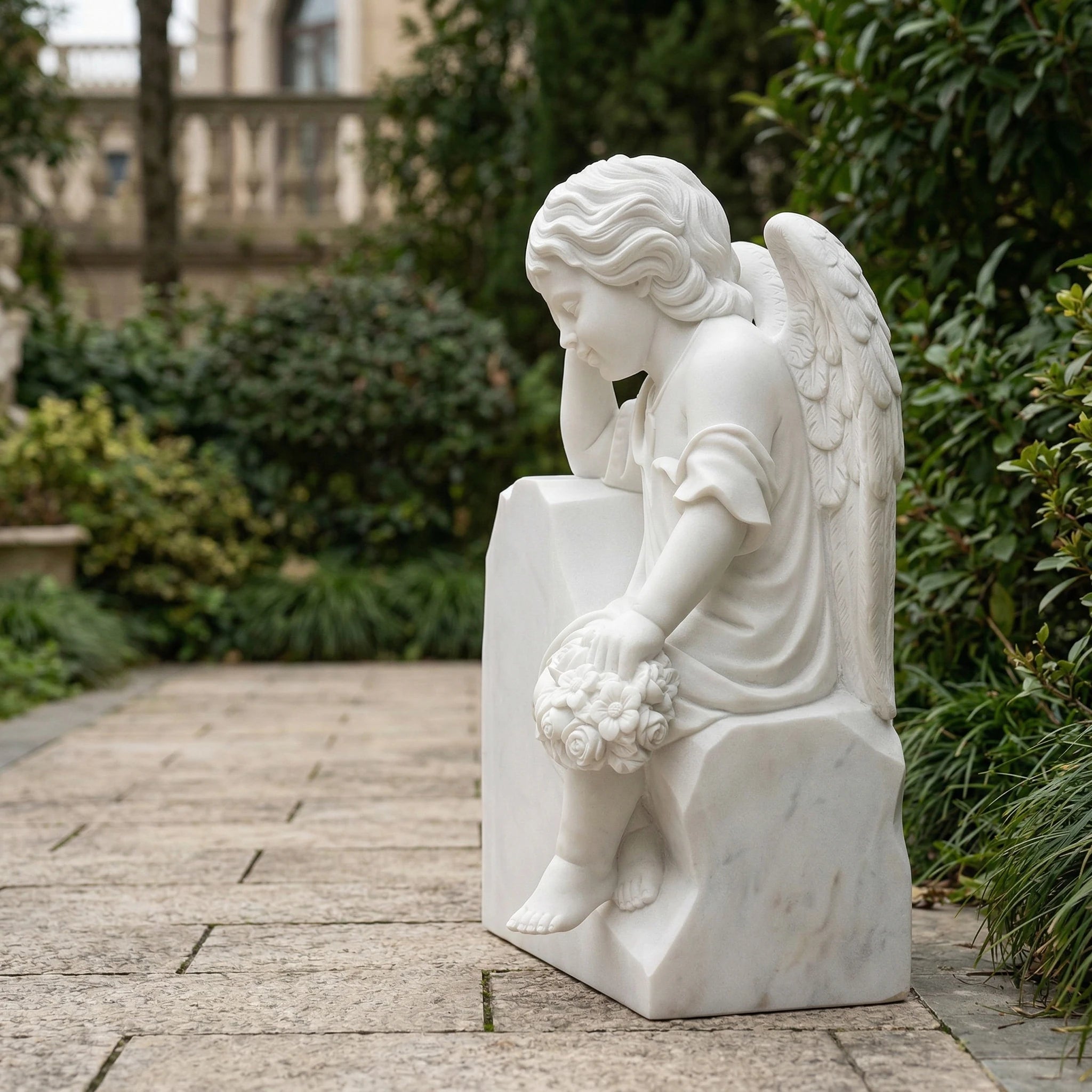 Vela-Natural-Marble-Angel-Sculpture-Garden-Contemplative-Seated-Figure-VSMS-764-04