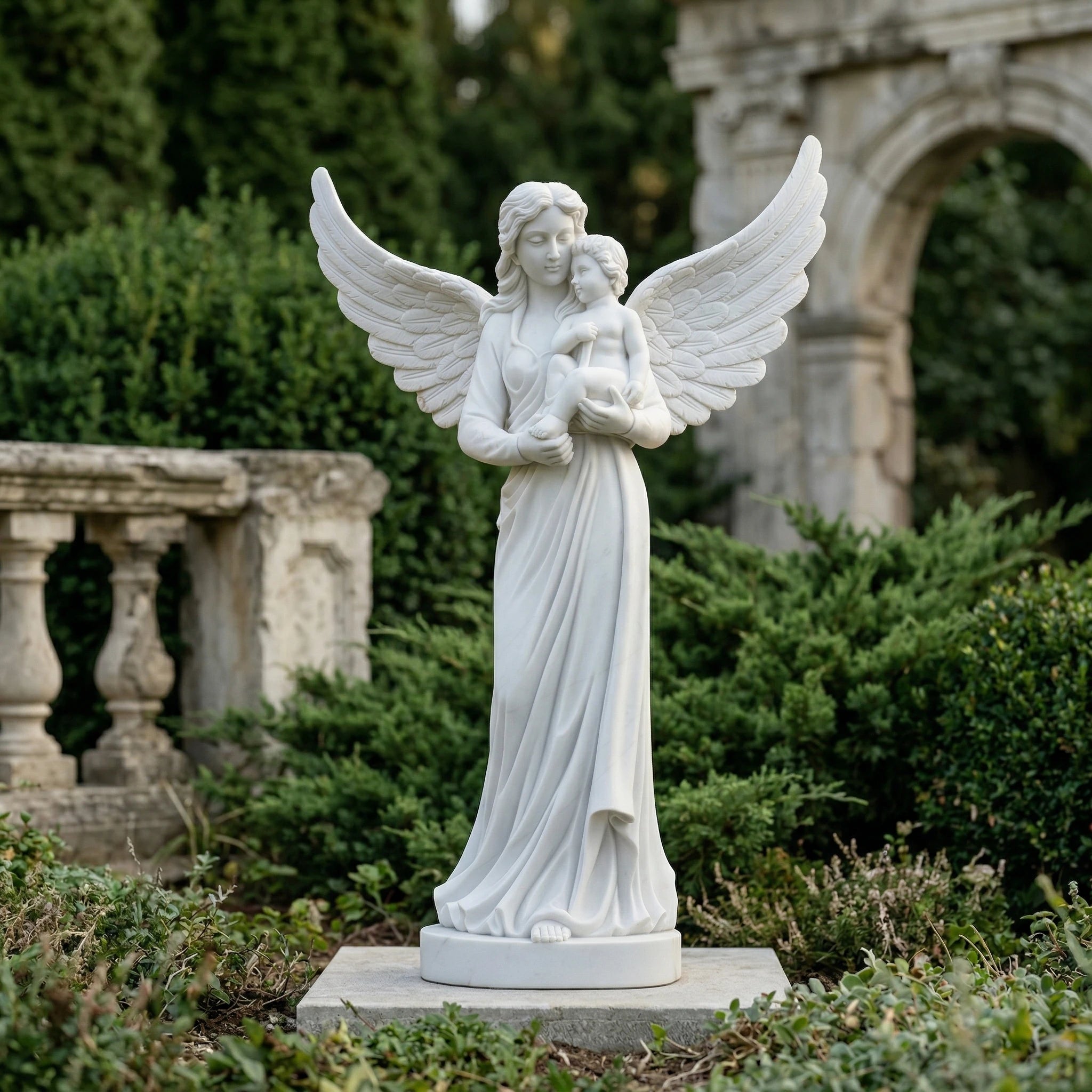 Vela-Natural-Marble-Angel-and-Child-Sculpture-Garden-Pedestal-VSMS-889-01