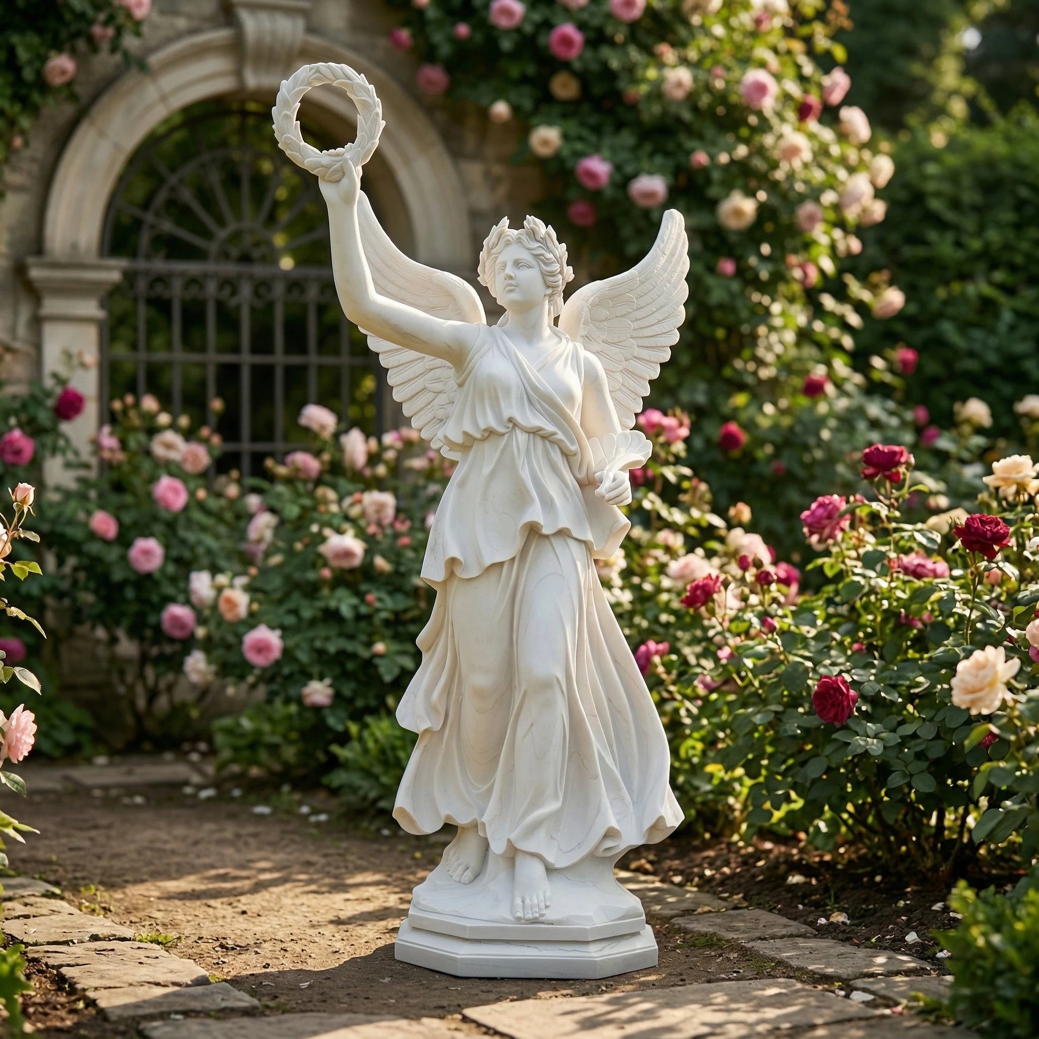 Vela-Natural-Marble-Angelic-Female-Laurel-Wreath-Garden-Statuary-Sculpture-VSMaterialTypeCode-7412-01