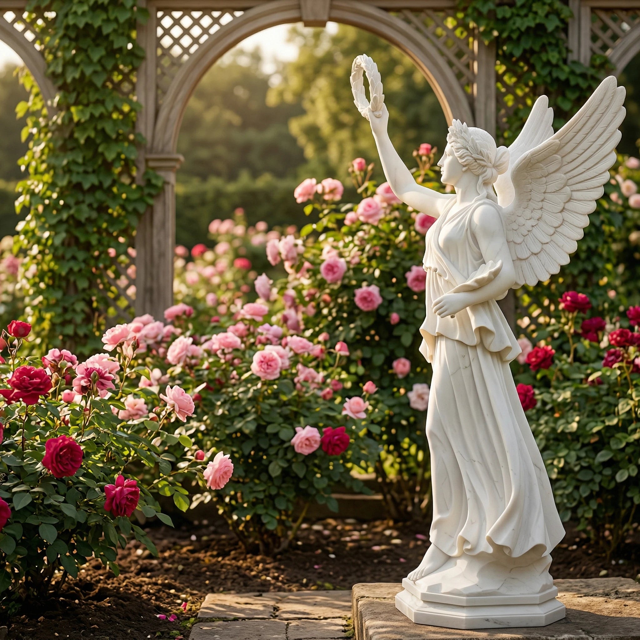 Vela-Natural-Marble-Angelic-Female-Laurel-Wreath-Garden-Statuary-Sculpture-VSMaterialTypeCode-7412-04