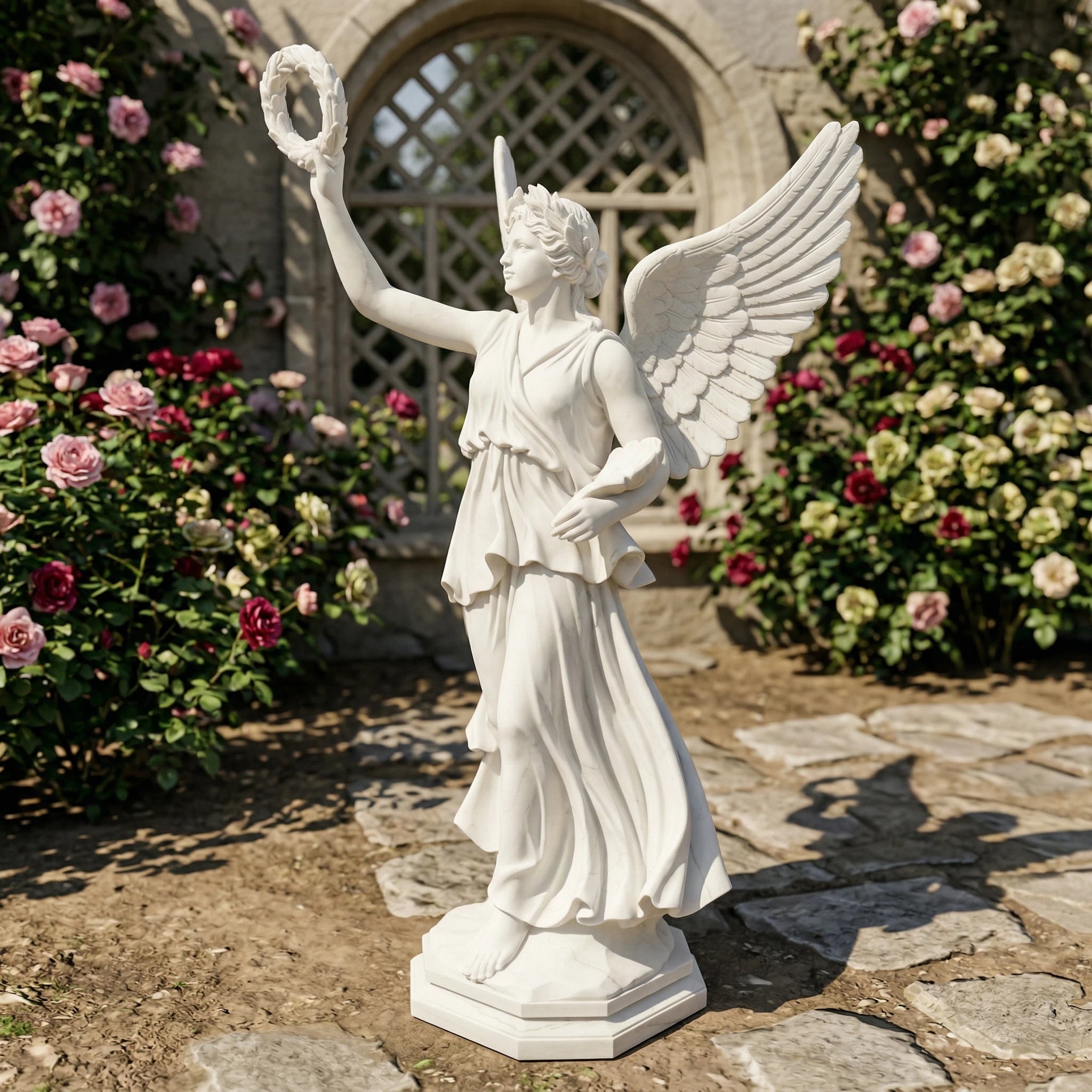 Vela-Natural-Marble-Angelic-Female-Laurel-Wreath-Garden-Statuary-Sculpture-VSMaterialTypeCode-7412-05