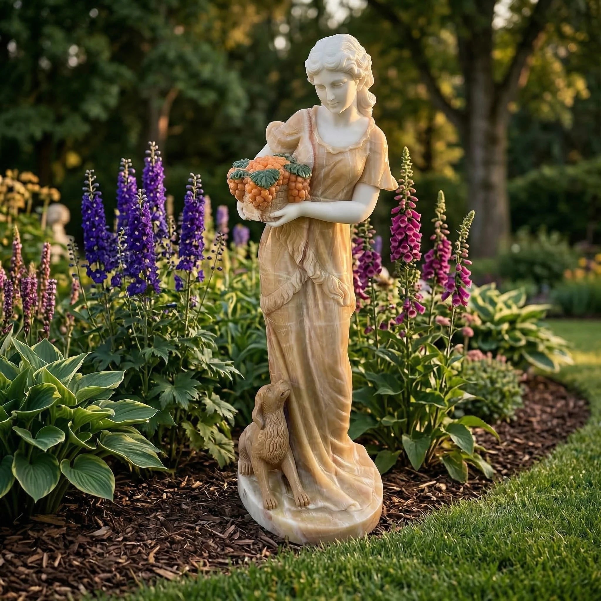 Vela-Natural-Marble-Figurative-Garden-Maiden-Sculpture-with-Dog-and-Fruit-Basket-VSMS-754-01