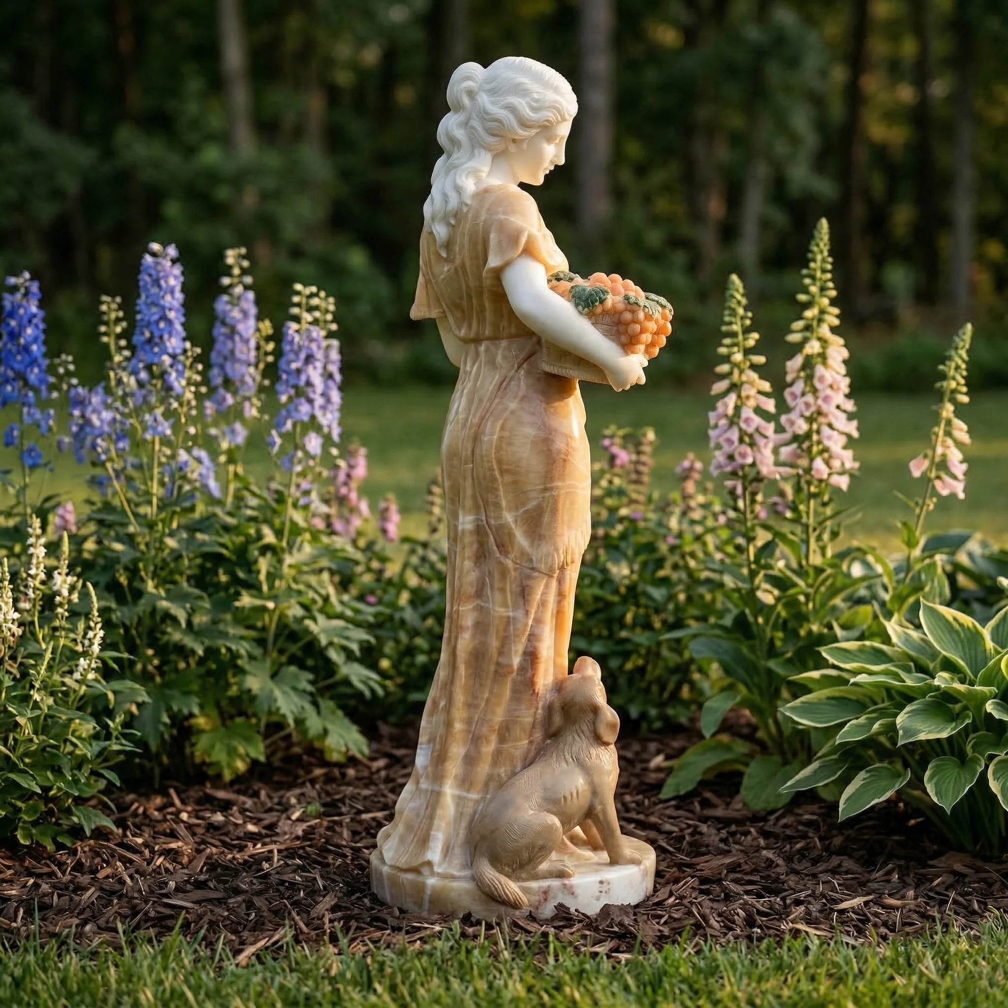 Vela-Natural-Marble-Figurative-Garden-Maiden-Sculpture-with-Dog-and-Fruit-Basket-VSMS-754-02