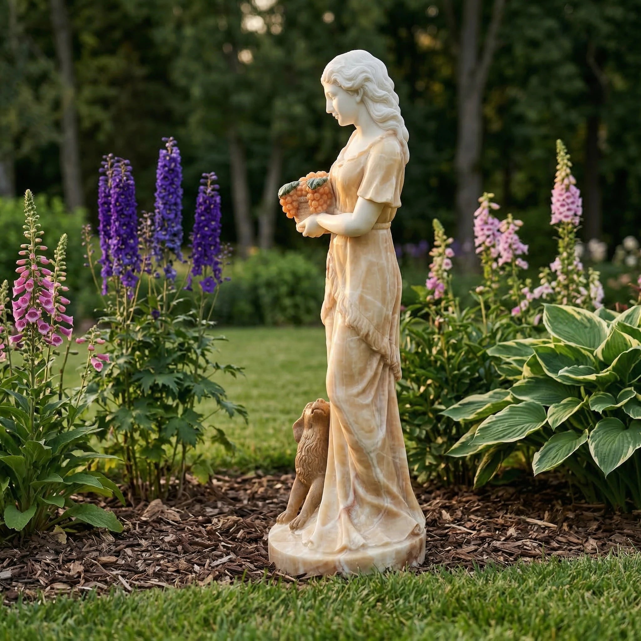 Vela-Natural-Marble-Figurative-Garden-Maiden-Sculpture-with-Dog-and-Fruit-Basket-VSMS-754-03