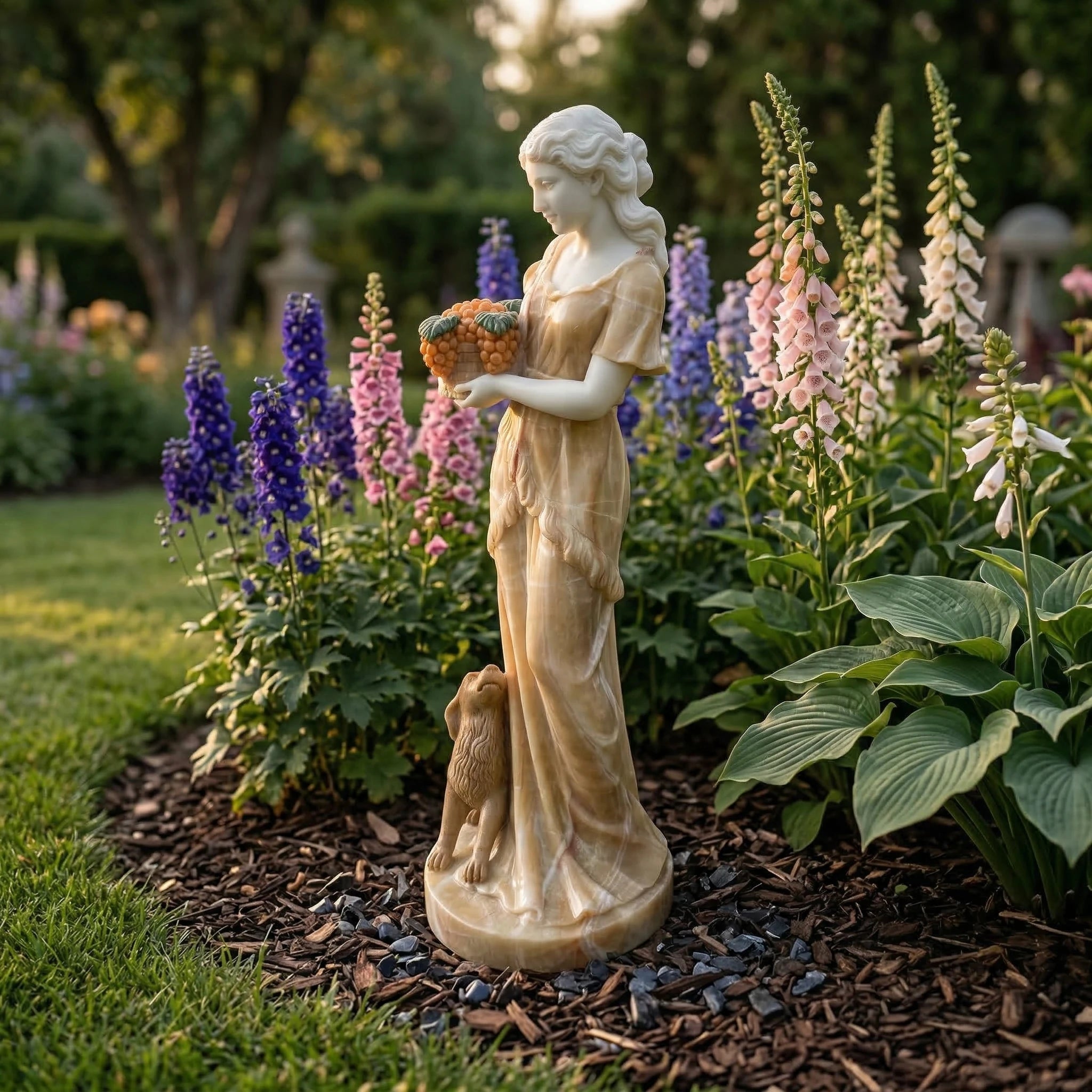 Vela-Natural-Marble-Figurative-Garden-Maiden-Sculpture-with-Dog-and-Fruit-Basket-VSMS-754-04
