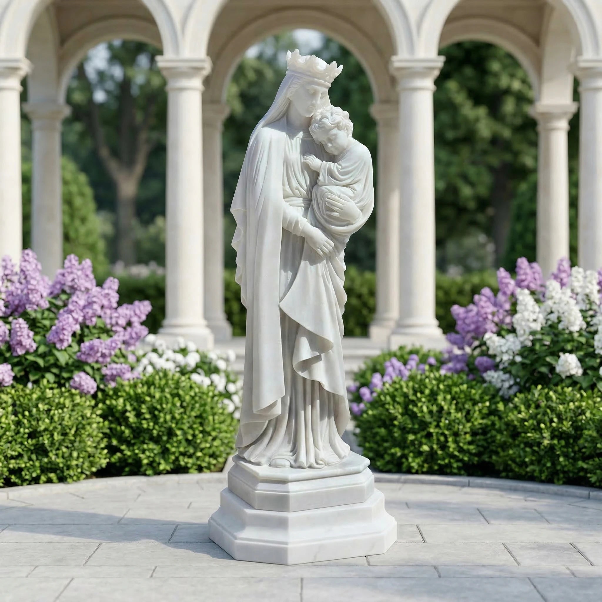 Vela-Natural-Marble-Madonna-Child-Sculpture-Hexagonal-Pedestal-VSMaterialTypeCode-6943-01