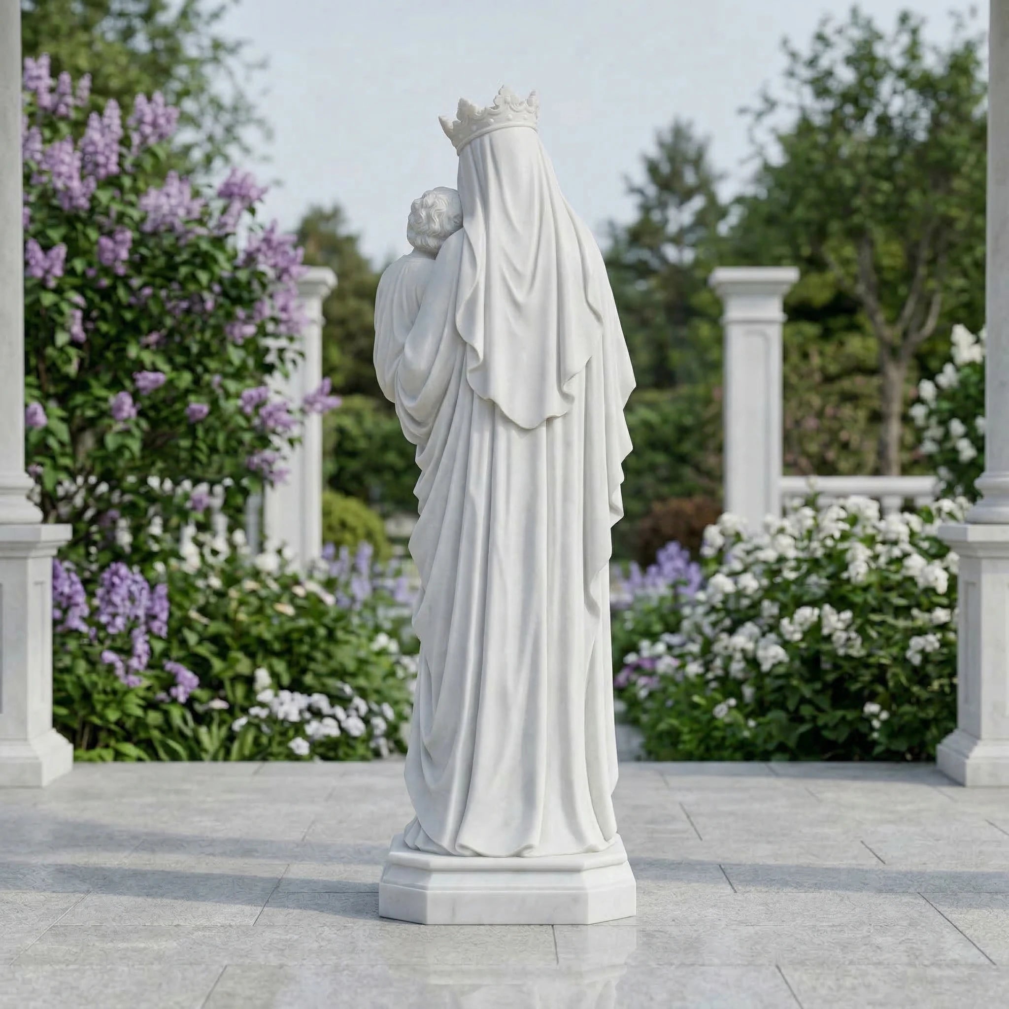 Vela-Natural-Marble-Madonna-Child-Sculpture-Hexagonal-Pedestal-VSMaterialTypeCode-6943-02