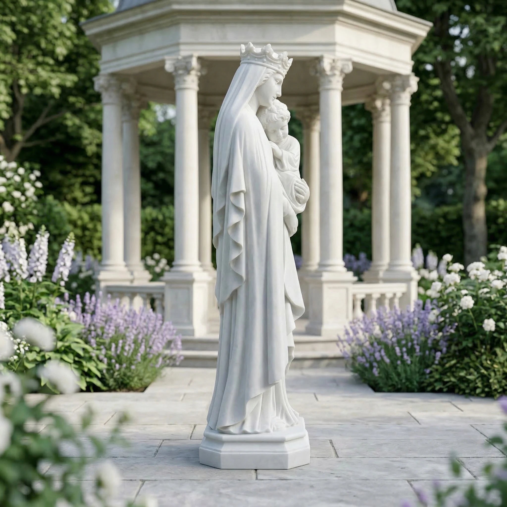 Vela-Natural-Marble-Madonna-Child-Sculpture-Hexagonal-Pedestal-VSMaterialTypeCode-6943-04