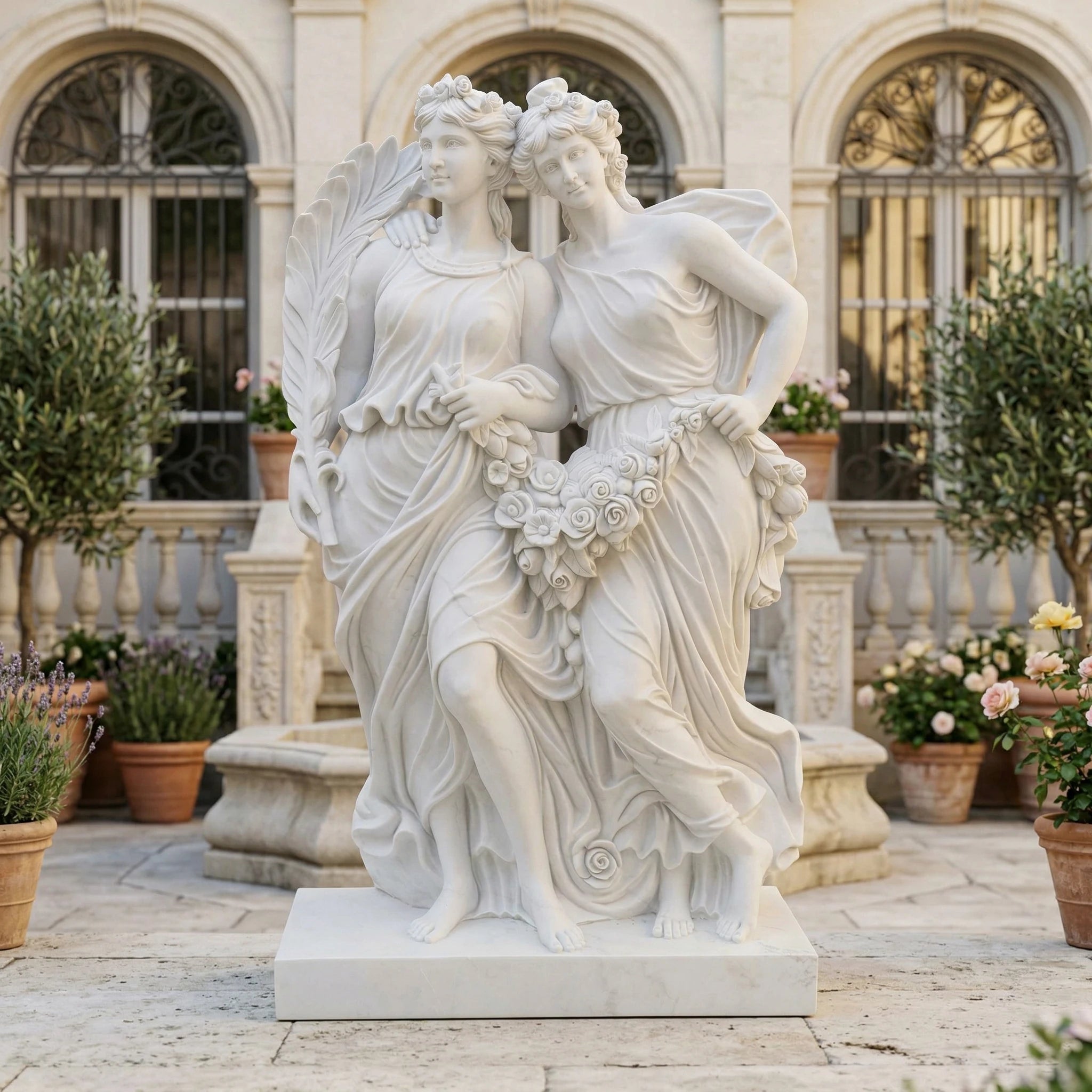 Vela-Natural-Marble-Mythic-Intertwined-Female-Forms-Sculpture-Elegant-Pedestal-Placement-VMSMaterialTypeCode-4823-01