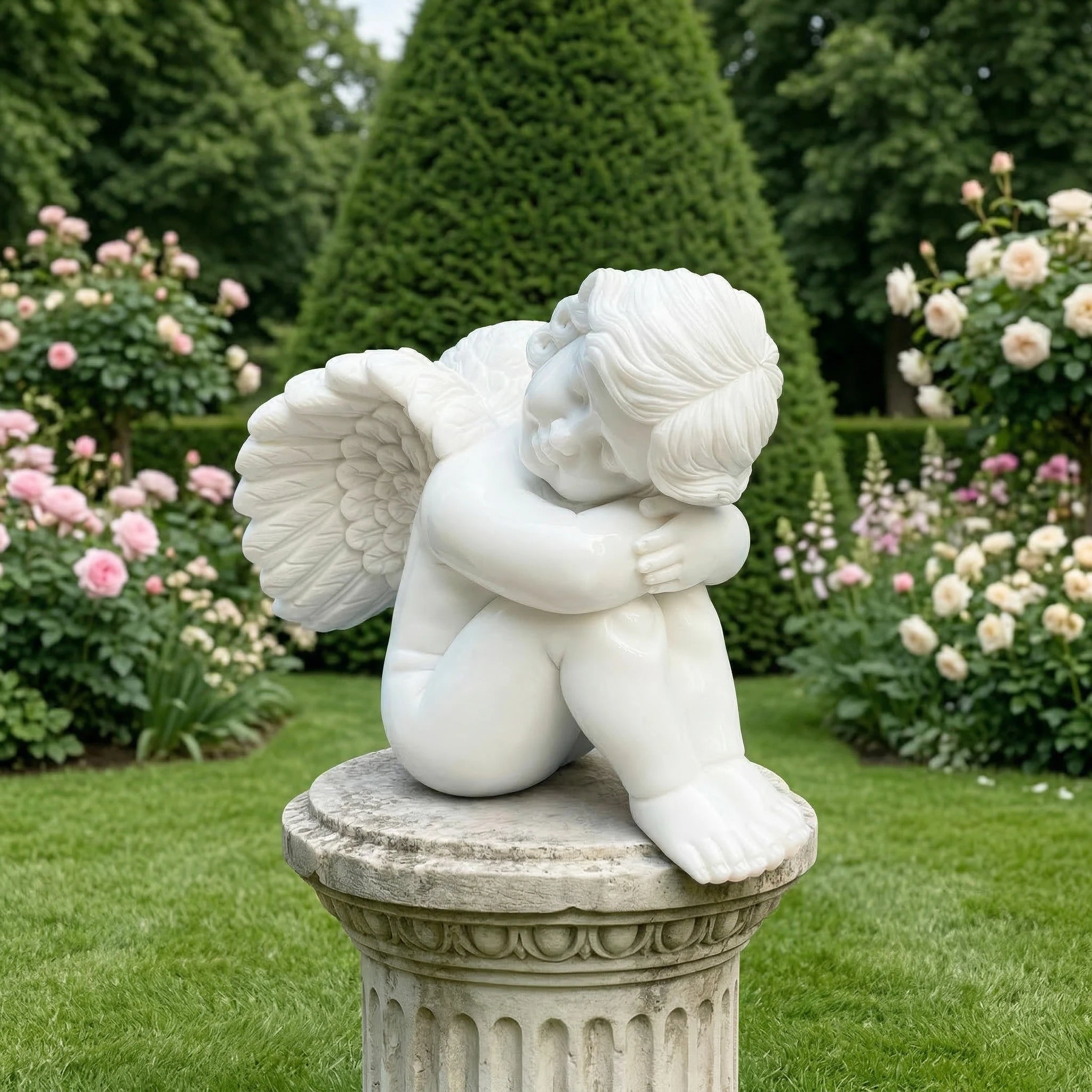 Vela-Natural-Marble-Resting-Cherub-Sculpture-Garden-Pedestal-VSMS-4812-01