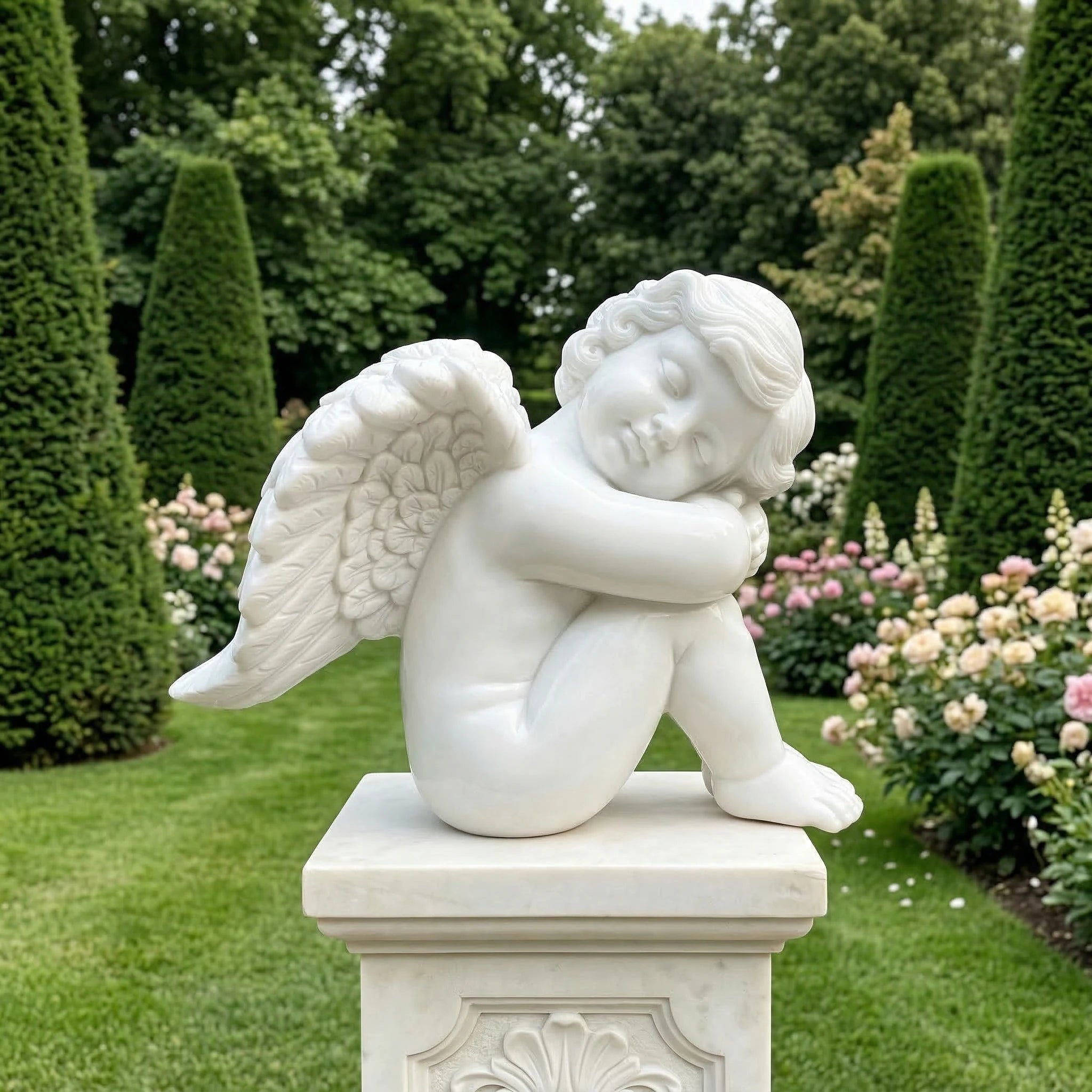 Vela-Natural-Marble-Resting-Cherub-Sculpture-Garden-Pedestal-VSMS-4812-04