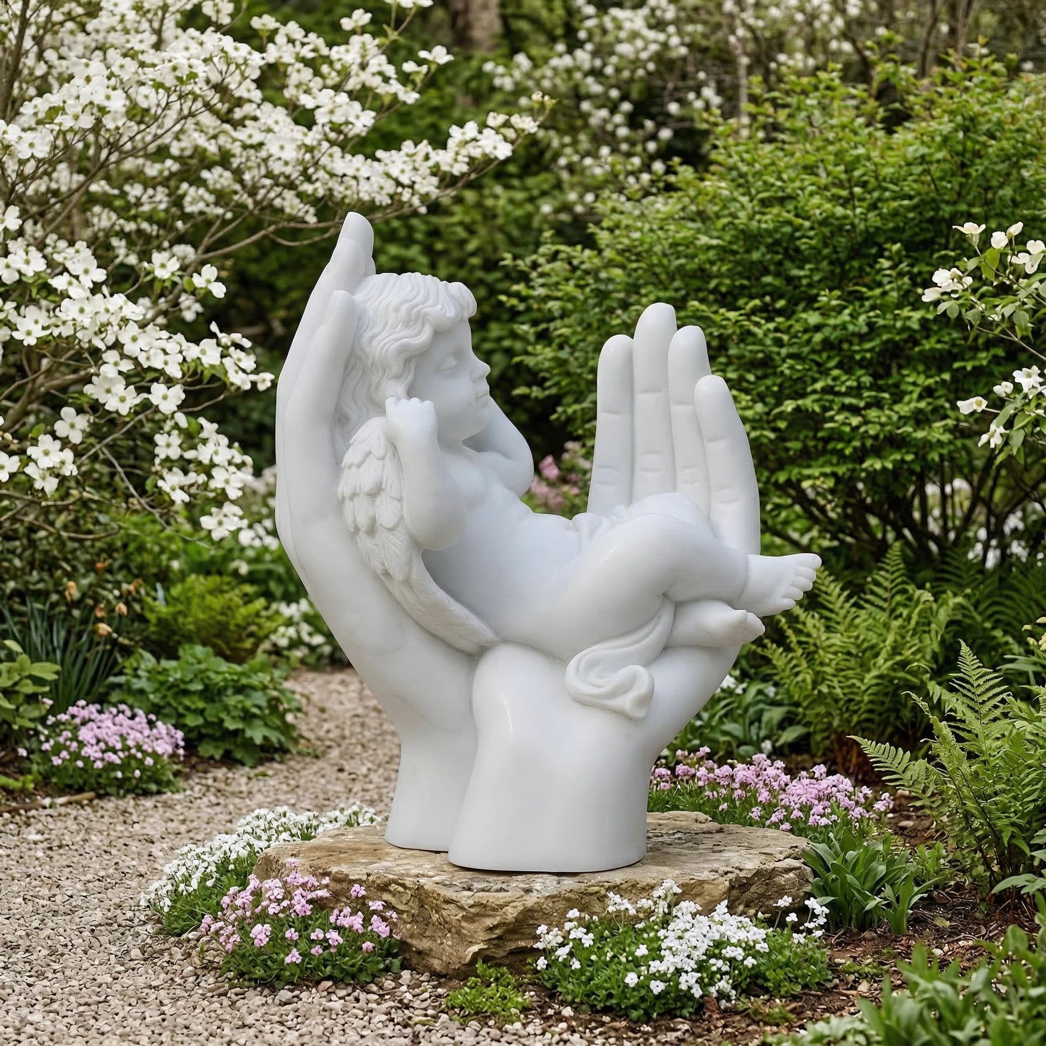 Vela-Natural-Marble-Sleeping-Cherub-Sculpture-Protective-Hands-Garden-Accent-VSMS-684-03