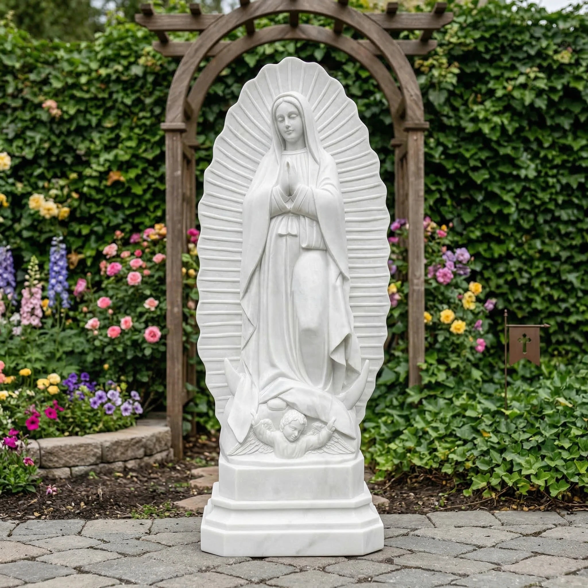 Vela-Natural-Marble-Virgin-Mary-Prayer-Sculpture-Radiant-Mandorla-VSMS-4103-01