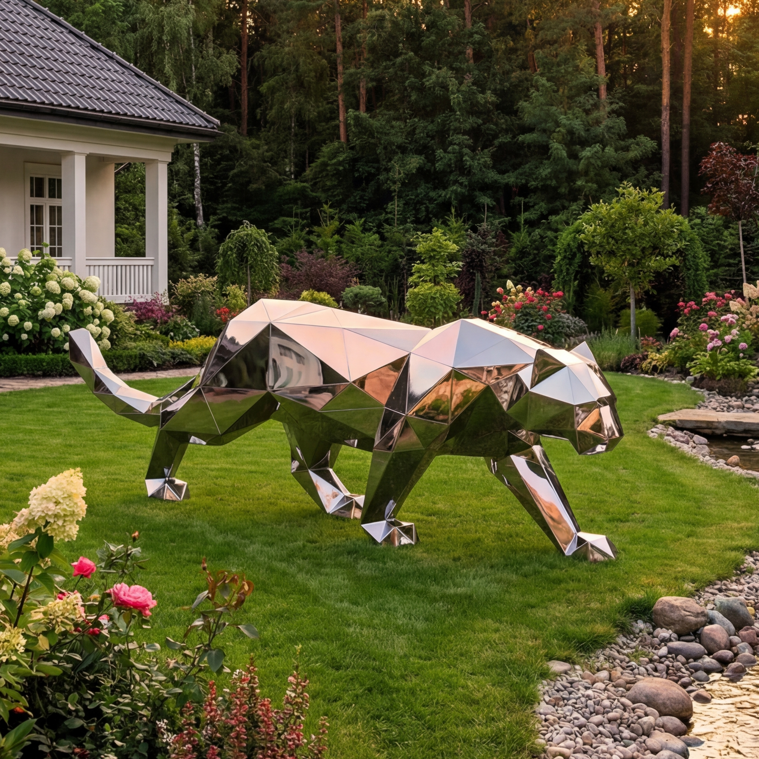 Vela Stainless Steel Big Cat Sculpture Geometric Garden Statement VSSSS-883