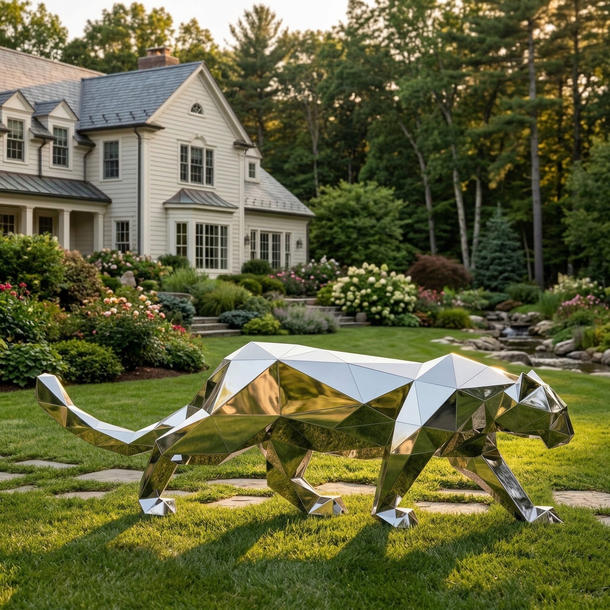 Vela Stainless Steel Big Cat Sculpture Geometric Garden Statement VSSSS-883