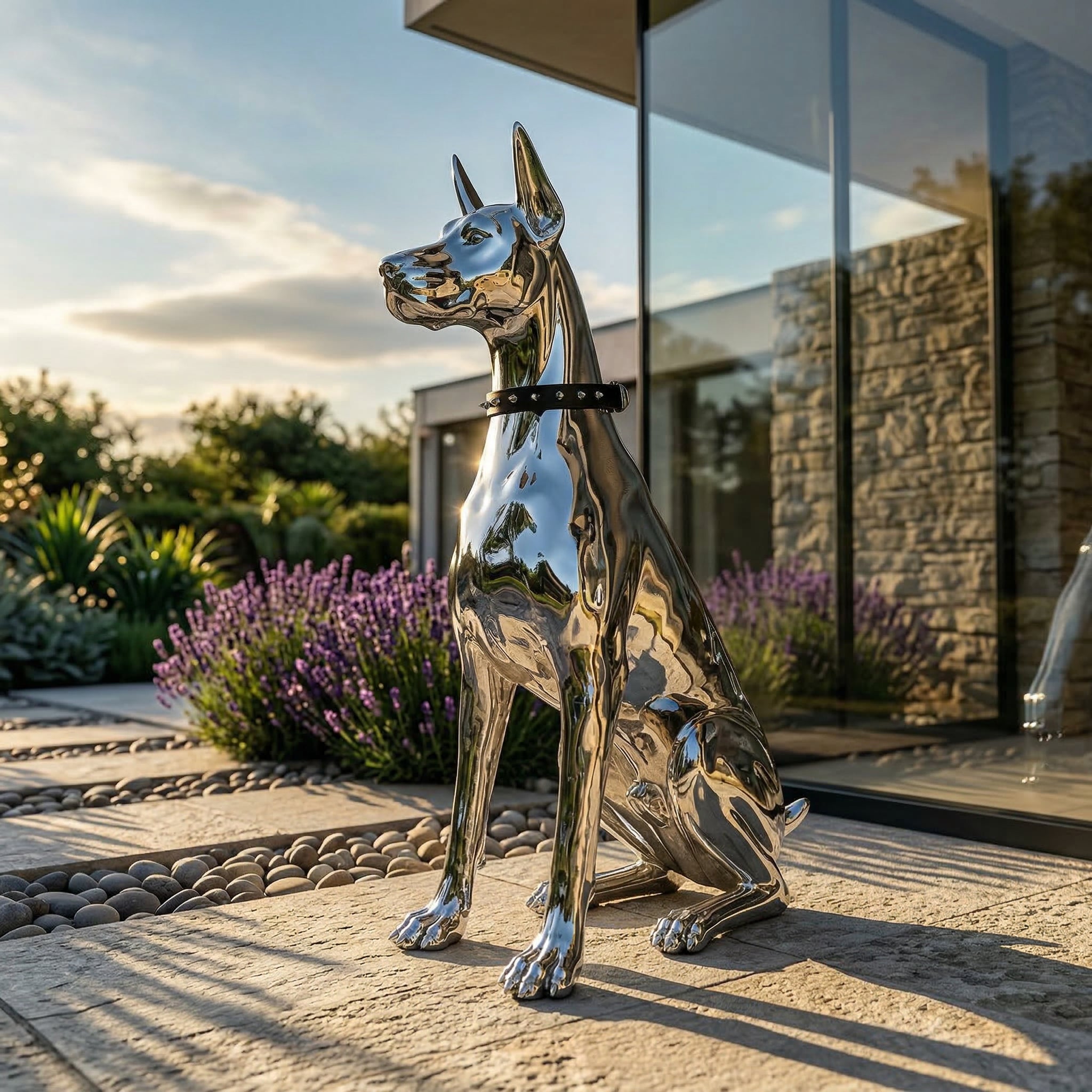 Vela Stainless Steel Doberman Sculpture Seated Garden Guardian VSSSS-764